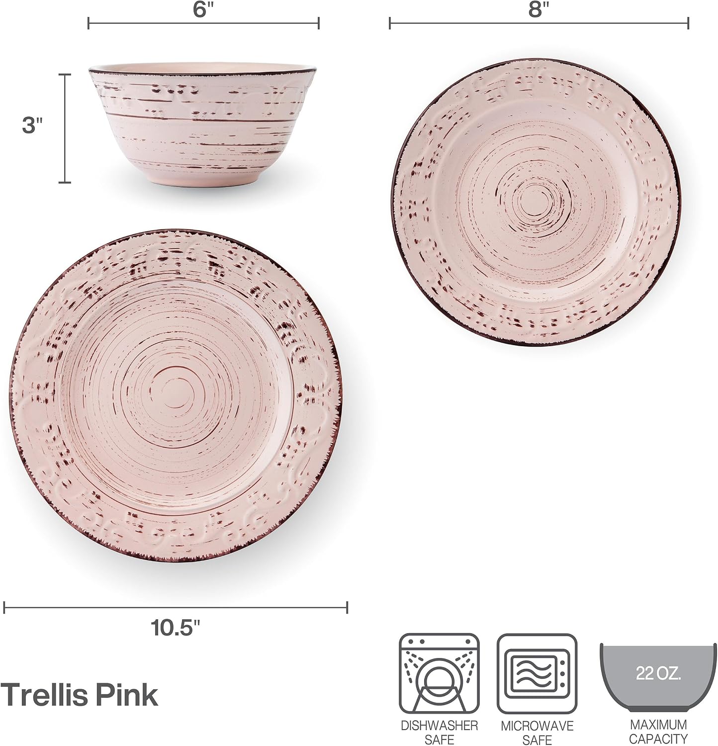 Pfaltzgraff Trellis White 16-Piece Stoneware Dinnerware Set, Service for 4, Distressed White Finish, Microwave & Dishwasher Safe Plates and Bowls