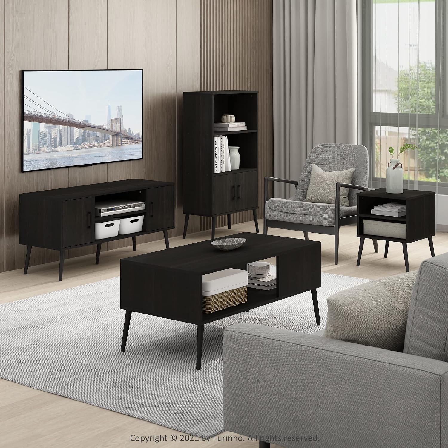 Furinno Fowler Multipurpose TV Stand Bookshelves, French Oak Grey