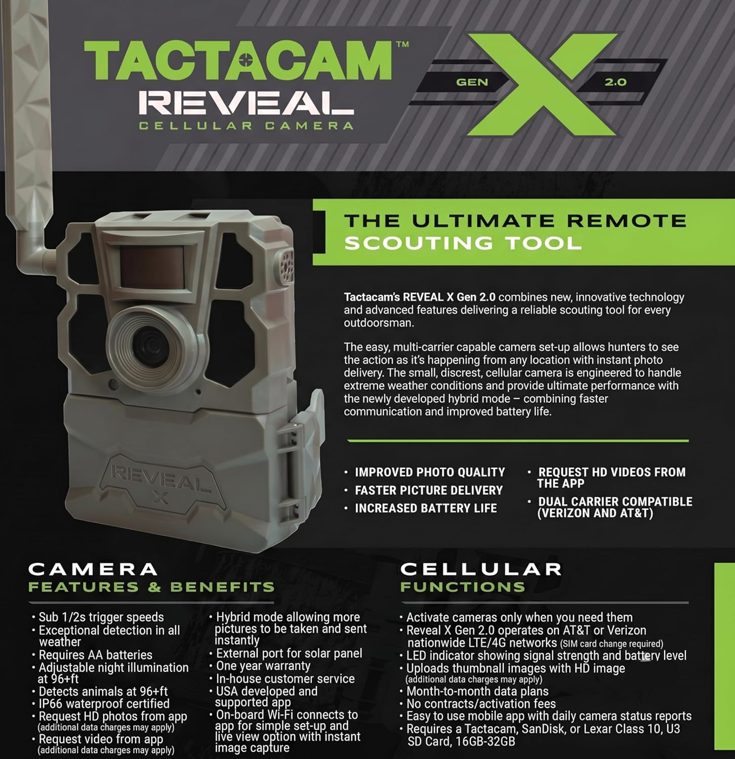TACTACAM Reveal X 2.0 Cellular Trail Camera, Night Vision, Waterproof | 4G LTE AT&T, photos straight to your phone, 0.4s trigger, no WiFi needed