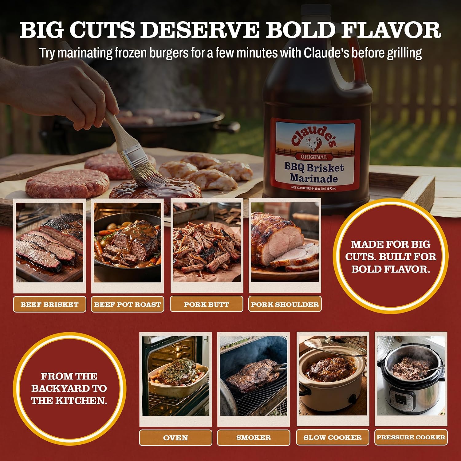 Claude's BBQ Brisket Marinade Sauce, Gluten Free Texas Style, 128 oz | Restaurant-size gallon of smoky Texas tenderizing brisket marinade - all natural & gluten free.