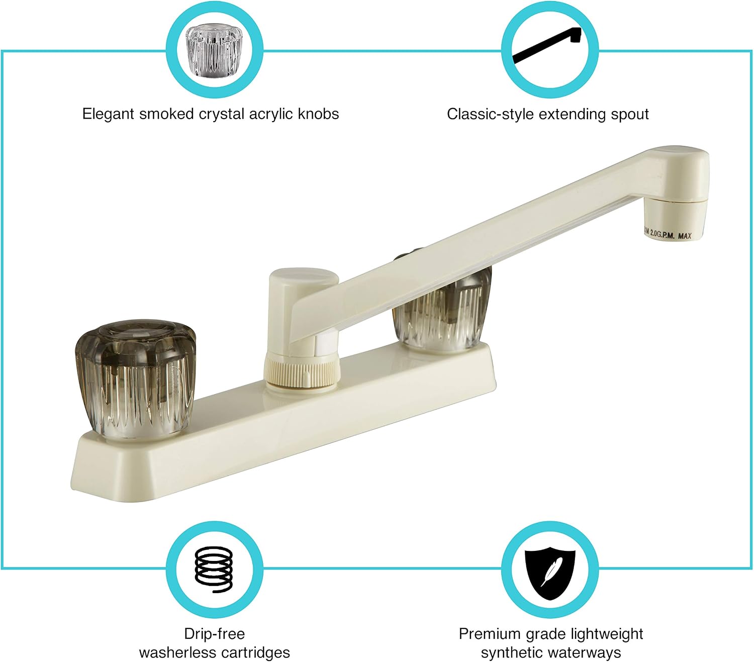 Dura Faucet DF-PK600S-BQ RV Two Handle Kitchen Sink Faucet (Bisque) | Smoked acrylic knobs give smooth, precise control of flow. Bisque Parchment. Plated ABS plastic (not metal).