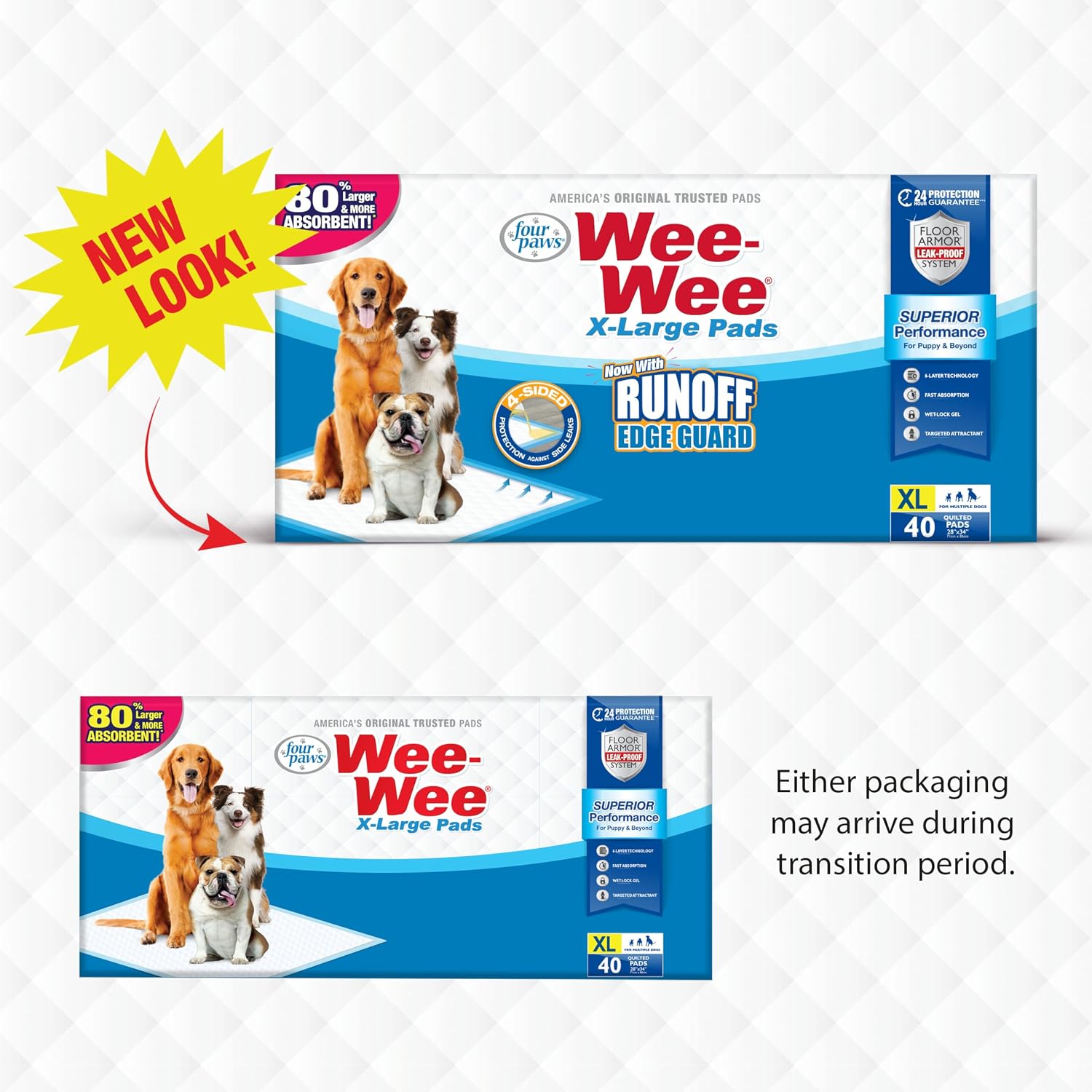 Four Paws Wee-Wee Superior Performance X-Large Dog Pee Pads, 40 Count | Puppy & dog potty training pads, housebreaking supplies, xl puppy pads, pet supplies, 24-hour floor protection, 28" x 34"