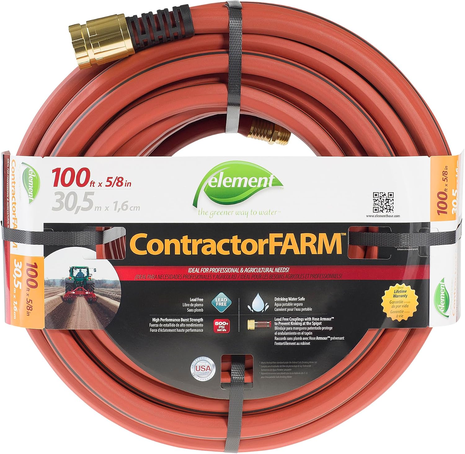 Element ContractorFARM Heavy Duty Watering Hose, 100' Length, 3/4" Diameter, 400+ PSI, Red