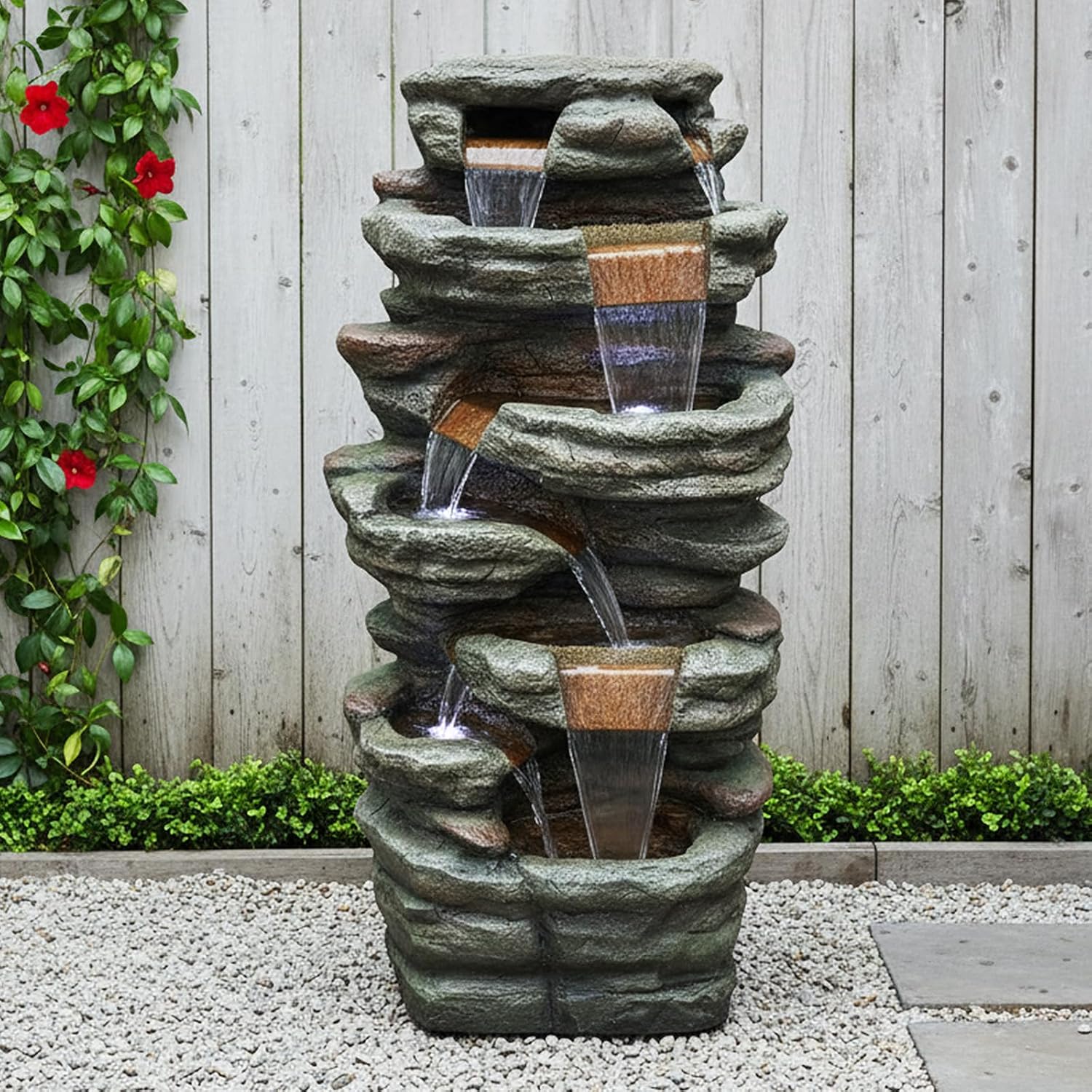 SunJet 40.5” High Rocks Outdoor Water Fountain - 6-Tiers Cascading Waterfall with LED Lights, Soothing Tranquility for Home Garden, Yard Decor