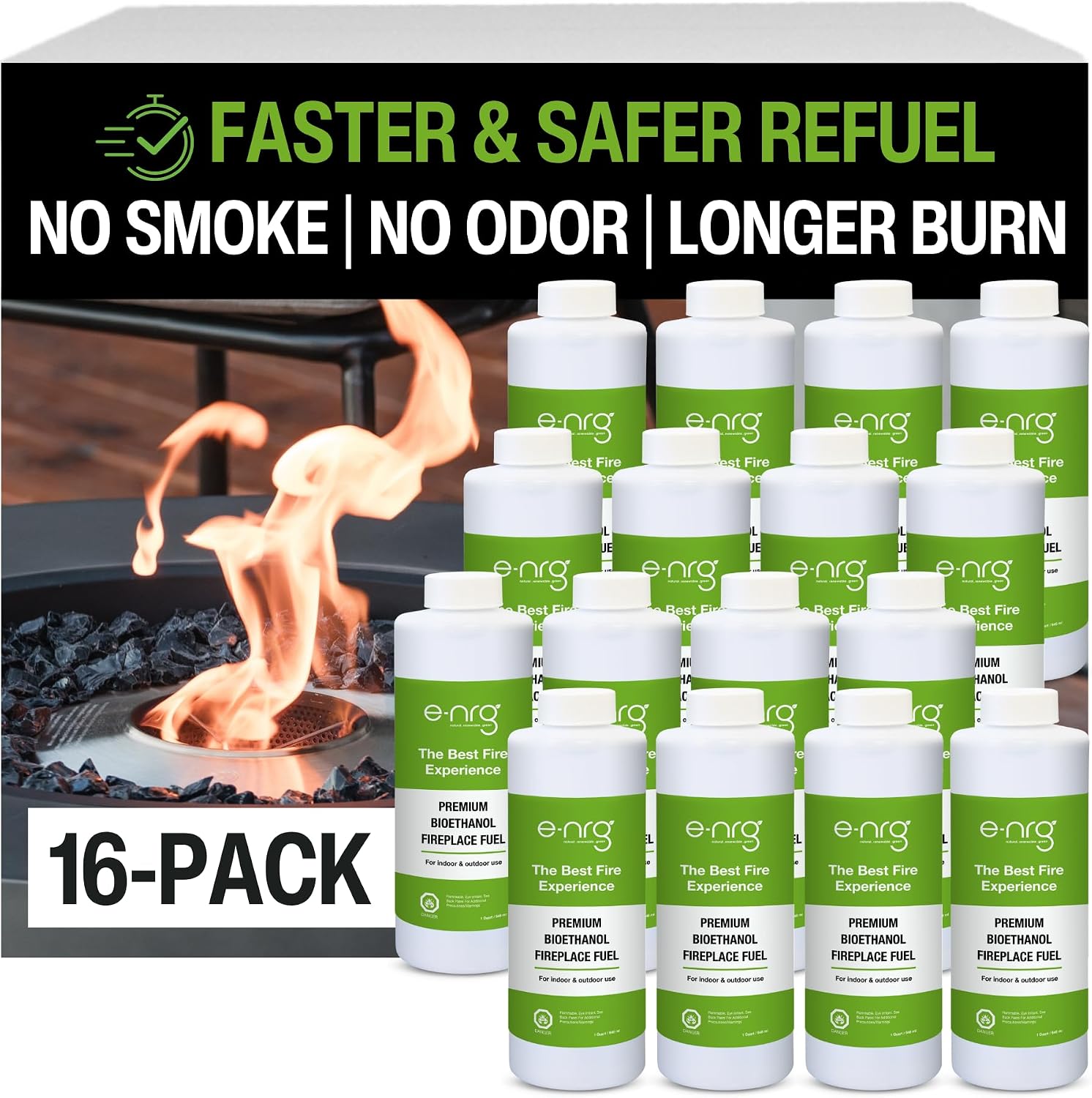 16 QUARTS Odorless, Smoke-Free Ethanol Fireplace Fuel | Best Flame, Fast Pour, Long Burn, Safety-Tested