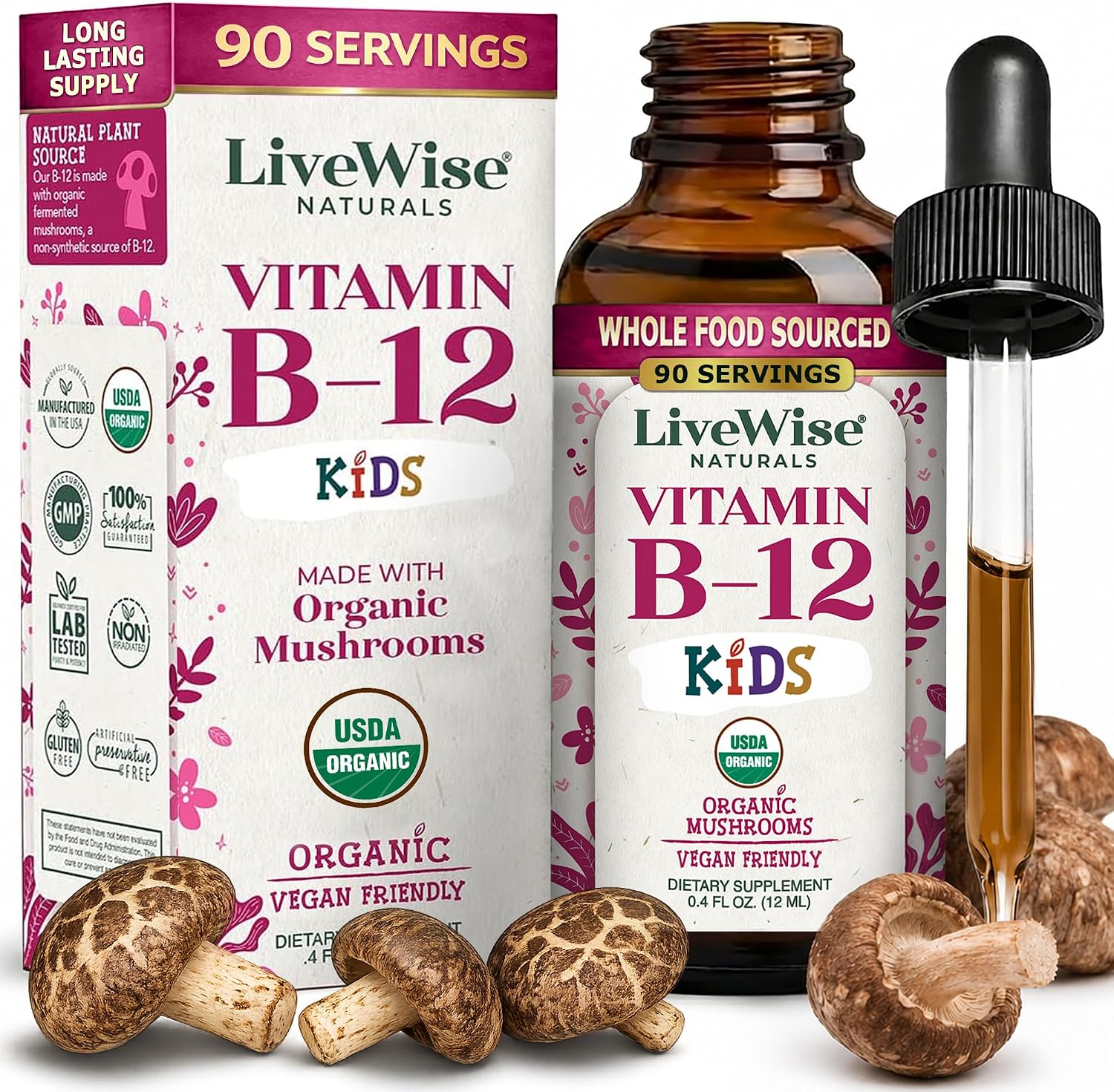 Organic Vitamin B12 1000 mcg Sublingual Liquid Drops, Unflavored, 2 oz | Methylcobalamin & Adenosylcobalamin, Bioactive Blend for Energy, Clarity & Focus, Vegan, Non-GMO, For Adults, 1 Year+ Supply