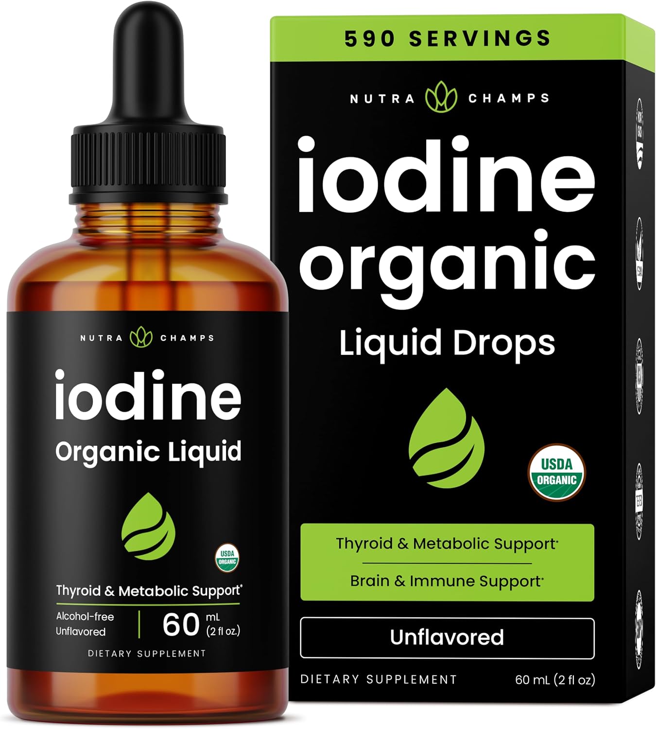 Organic Iodine Liquid Drops - 250 mcg Iodine Supplement for Women & Men - Potassium Iodide Solution 250 mcg - 590 Servings - Thyroid