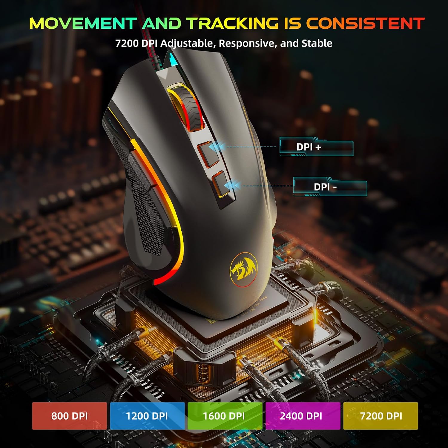 Redragon M602 Gaming Mouse, Ergonomic RGB Gaming Mouse Wired with 7200 Adjustable DPI, 9 Programmable Buttons, Professional Software for Gamer Office [Black]