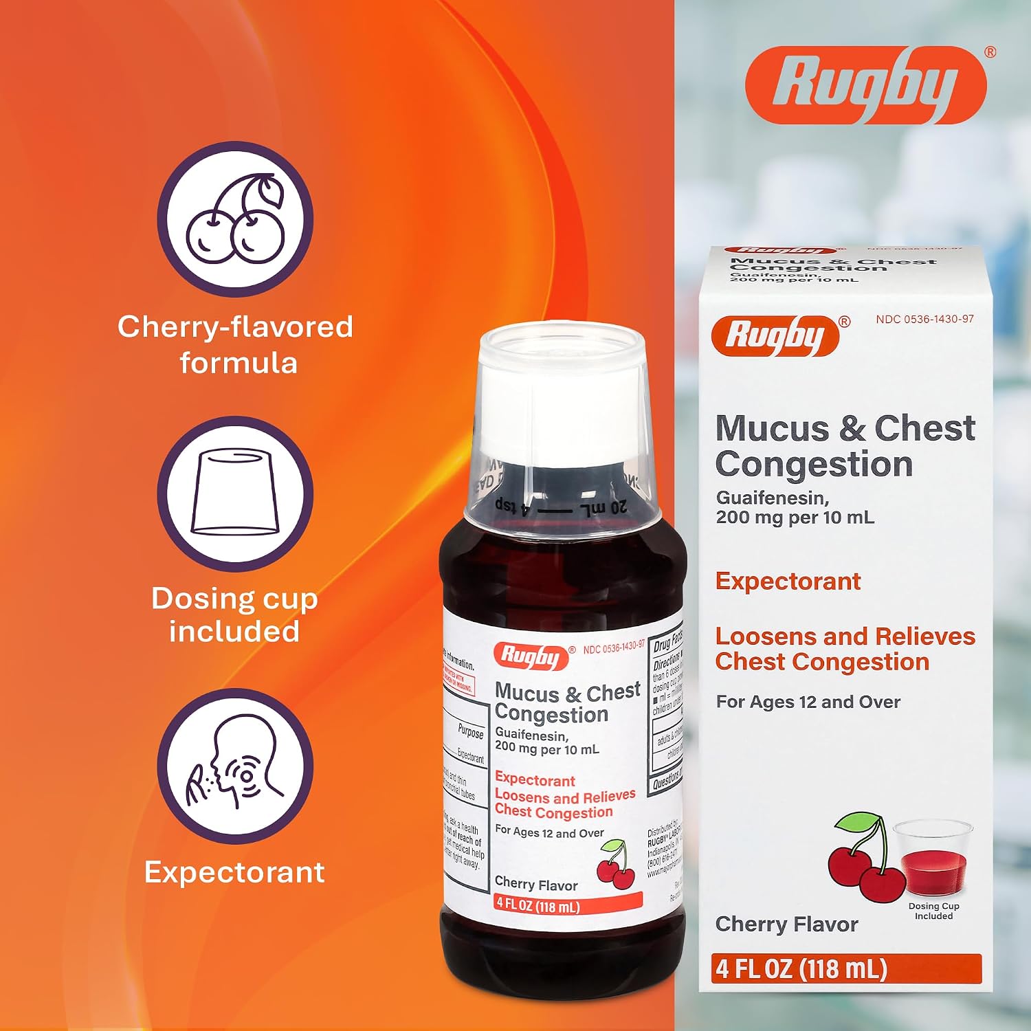 Rugby Mucus & Chest Congestion Guaifenesin 200 mg, 4 Fl Oz (1-Pack) | Cherry Flavor, Expectorant Cough Syrup, Loosens and Relieves Chest Congestion