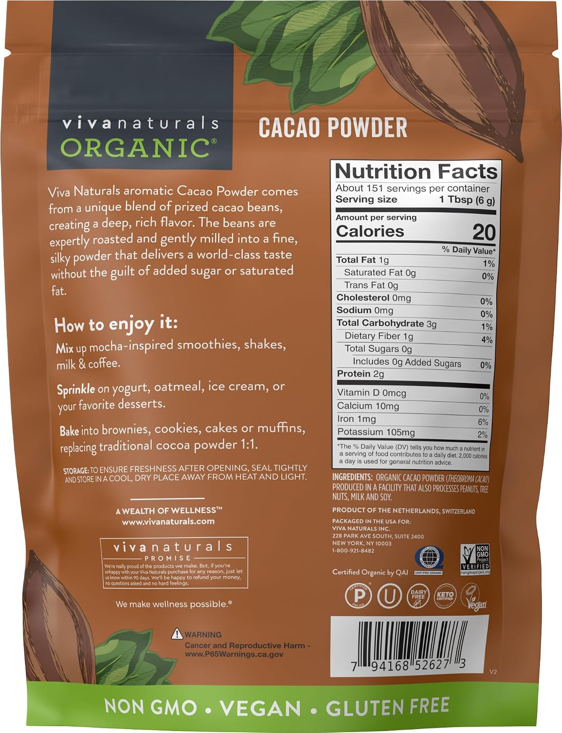 Organic Cacao Powder, Unsweetened, 1 lb (454 g) – Rich Dark Chocolate Flavor, Perfect for Baking, Smoothies & Hot Chocolate – Vegan, Keto, Paleo, Non-GMO & Gluten-Free Cocoa Powder