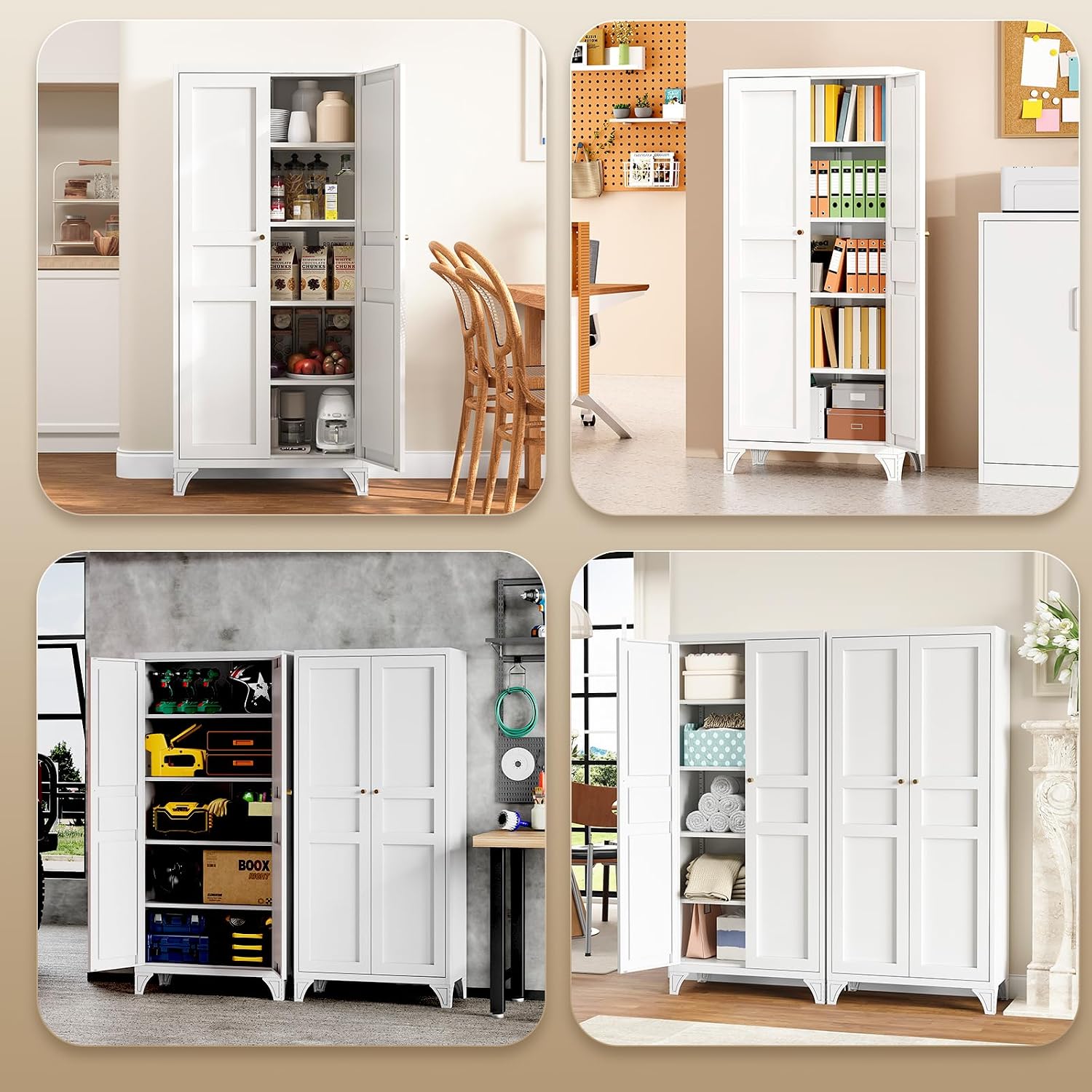 Metal Storage Cabinet with 2 Doors and 4 Adjustable Shelves - 61" White Kitchen Pantry Storage 5-Tier Tall Steel Cabinets Locker for Kitchen, Living Room, Dining Room