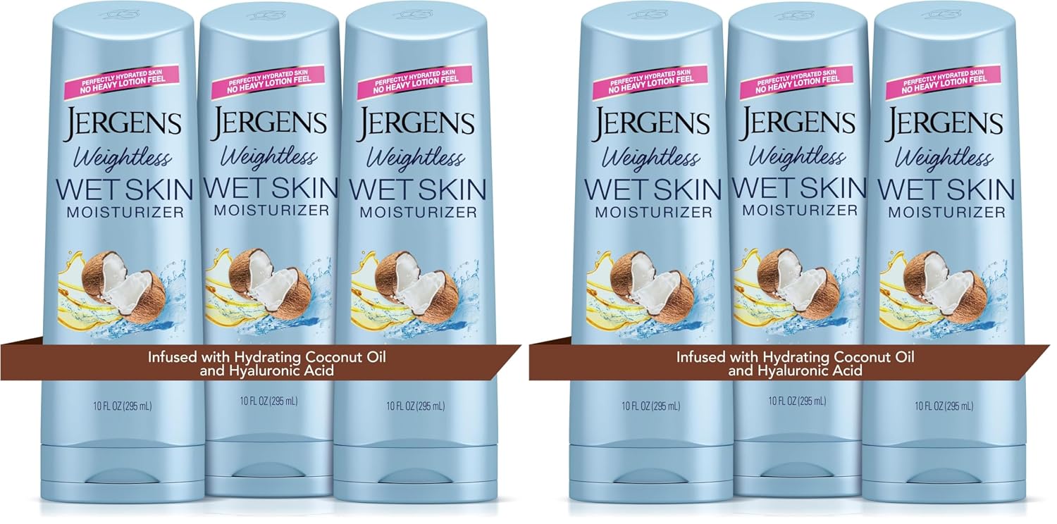 Jergens Wet Skin Body Lotion with Coconut Oil, In Shower Lotion for Dry Skin, Fast-Absorbing, Non-Sticky, Dermatologist Tested, 10 Ounce