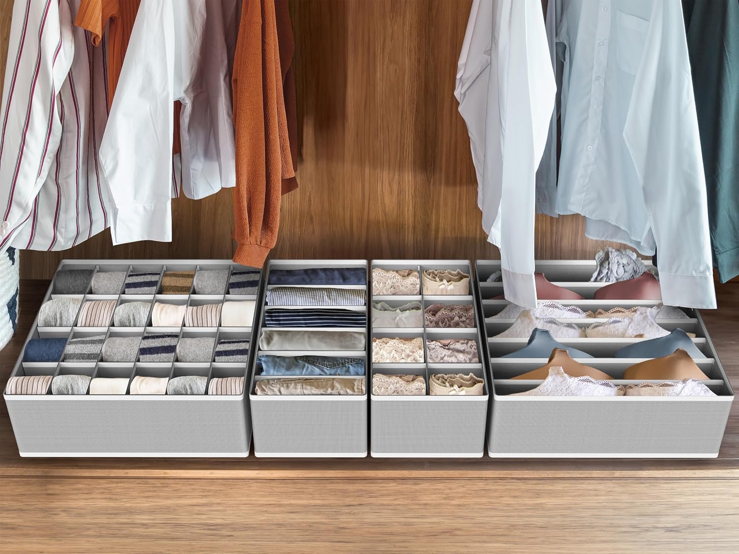 Simple Houseware 4-Pack Drawer Organizer Set for Underwear/Socks/Bra, Gray | Closet Dividers for Underwear, Socks, Bras, Scarves, Ties - Foldable Non-Woven Storage Boxes