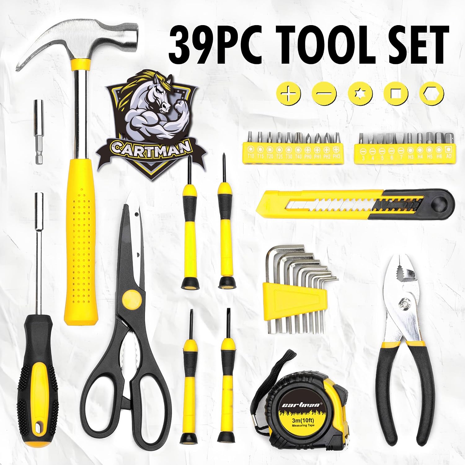 CARTMAN 39-Piece Household Tool Set, Orange Hand Kit With Storage Case | Complete assortment for home repairs, DIY projects, furniture setup, crafting, and daily household fixes in toolbox.