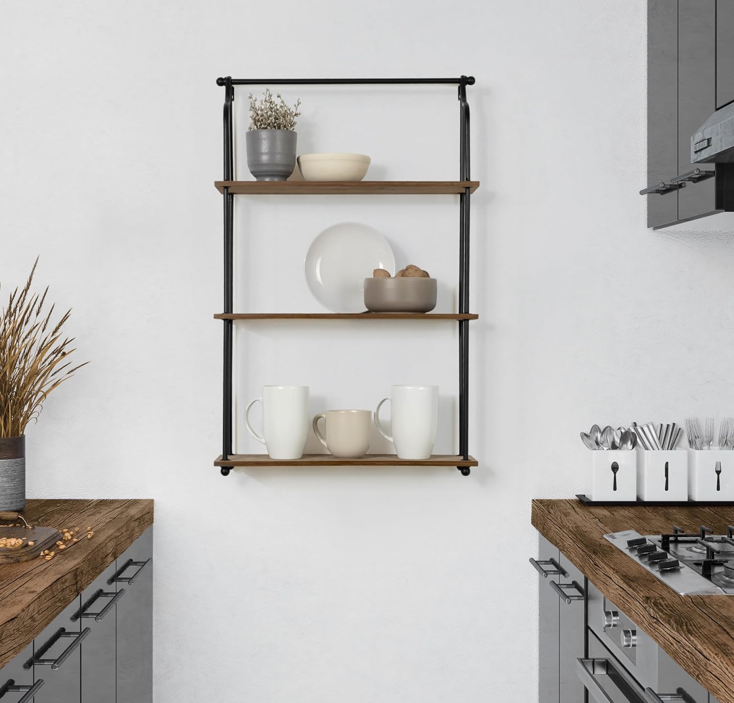 Kate and Laurel Walters Wood and Metal 3-Tier Shelving, 21" x 32", Rustic Brown and Black, Shabby-Chic Industrial Shelves for Storage and Decor