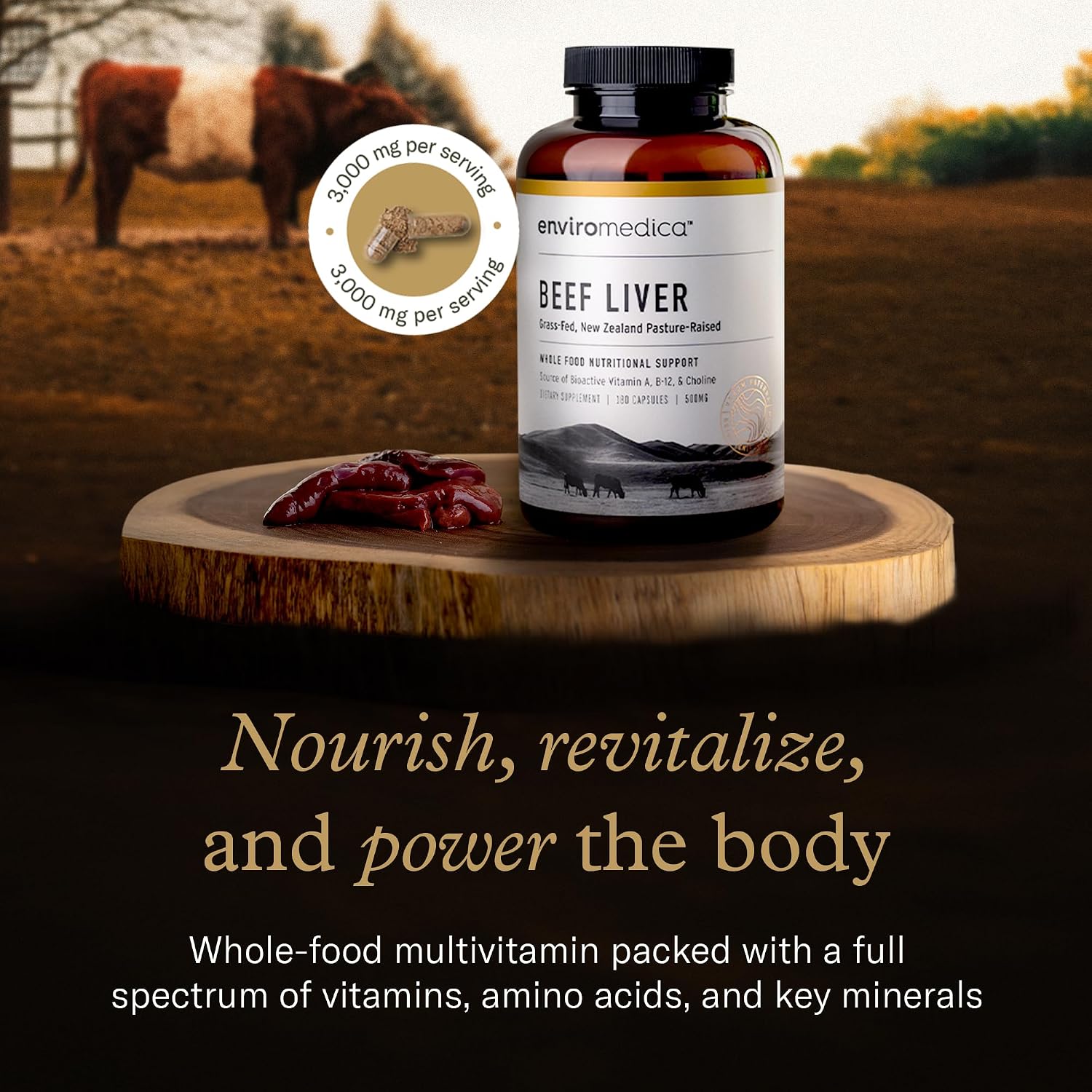 Enviromedica Grass Fed Beef Liver Capsules, Freeze-Dried, 180 Count | Pasture-raised New Zealand bovine liver