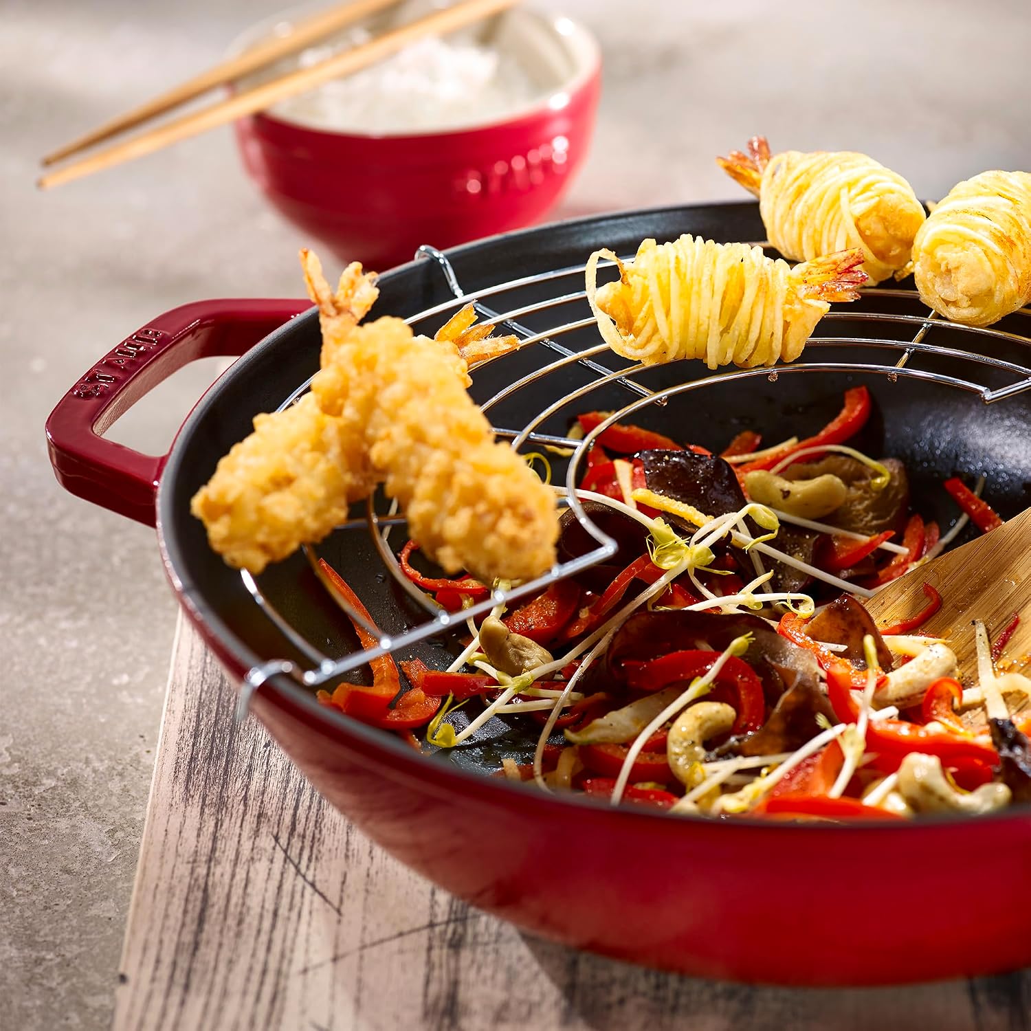 Staub Cast Iron Perfect Pan, Wok, Dutch Oven, 4.5-quart, serves 4-5, Made in France, Dark Blue