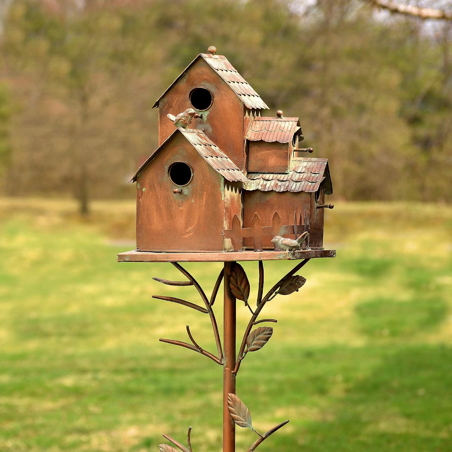 Large Copper Colored Multi-Birdhouse Stakes, Room for 4 Bird Families in Each (Cube Homes with Pyramid Roofs)