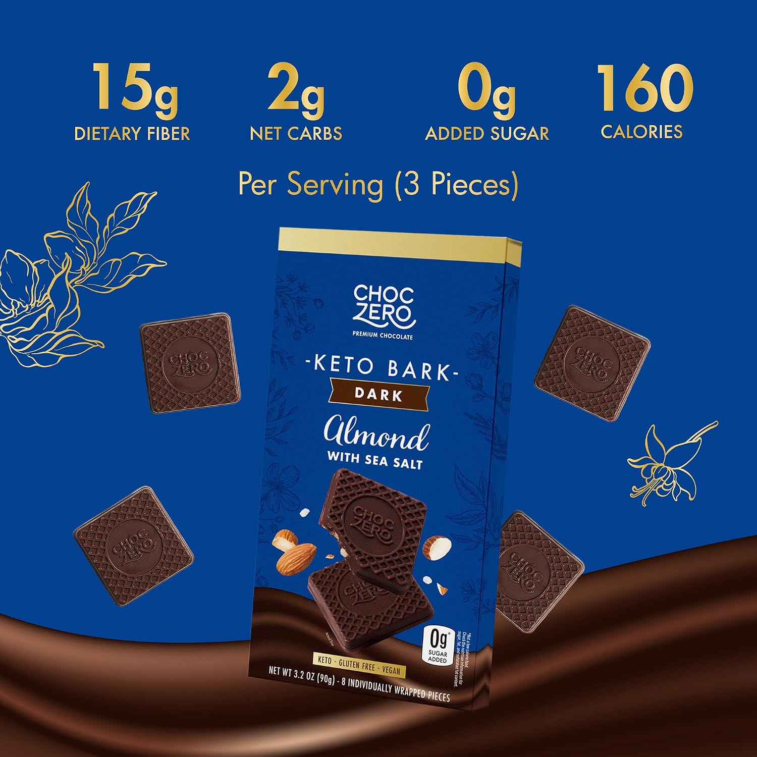ChocZero 70% Cocoa Sugar Free Dark Chocolate Squares, Vegan, 4 Pack | No Sugar Alcohols, Keto, Low Carb, High Fiber, Gluten Free, 32 Total Candy Squares
