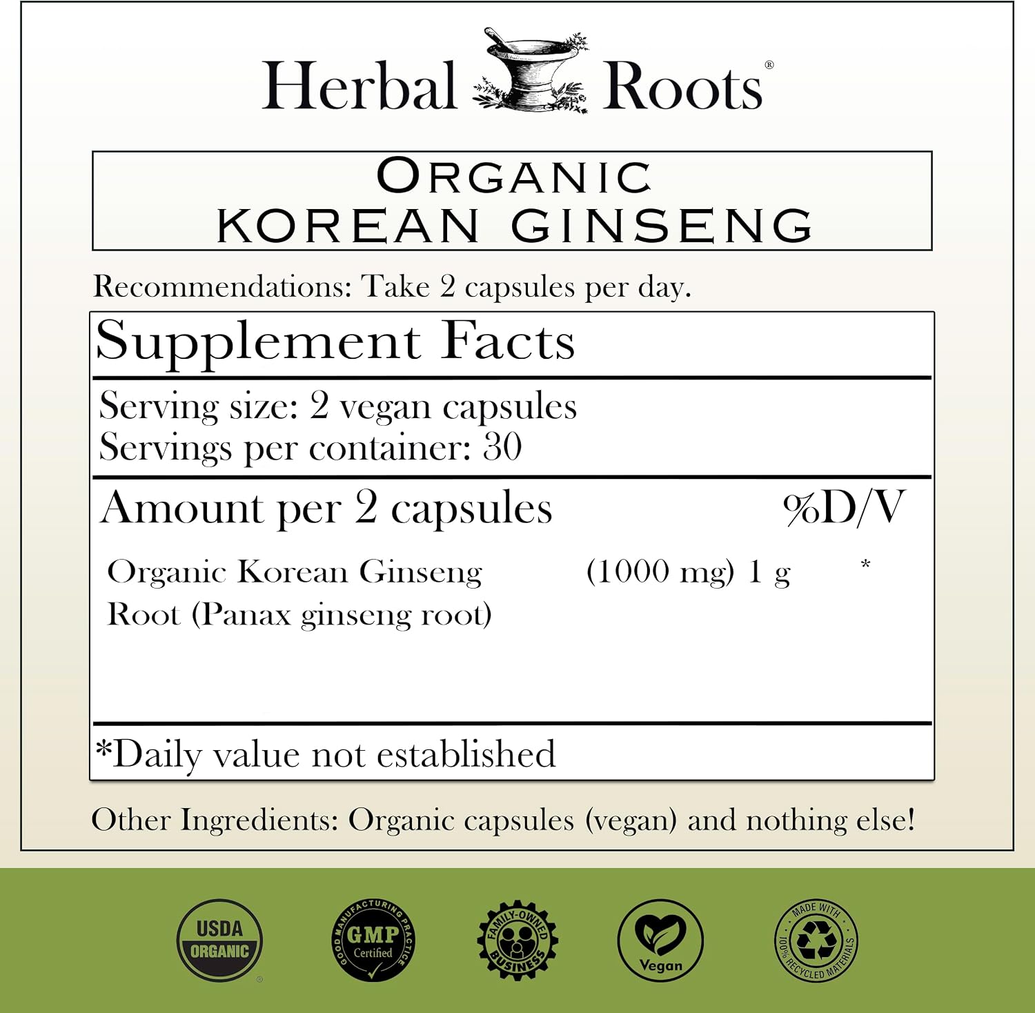Herbal Roots Panax Ginseng | Organic Korean Ginseng Root Powder | 1000mg | High Ginsenosides for Energy & Performance | 60 Vegan Capsules