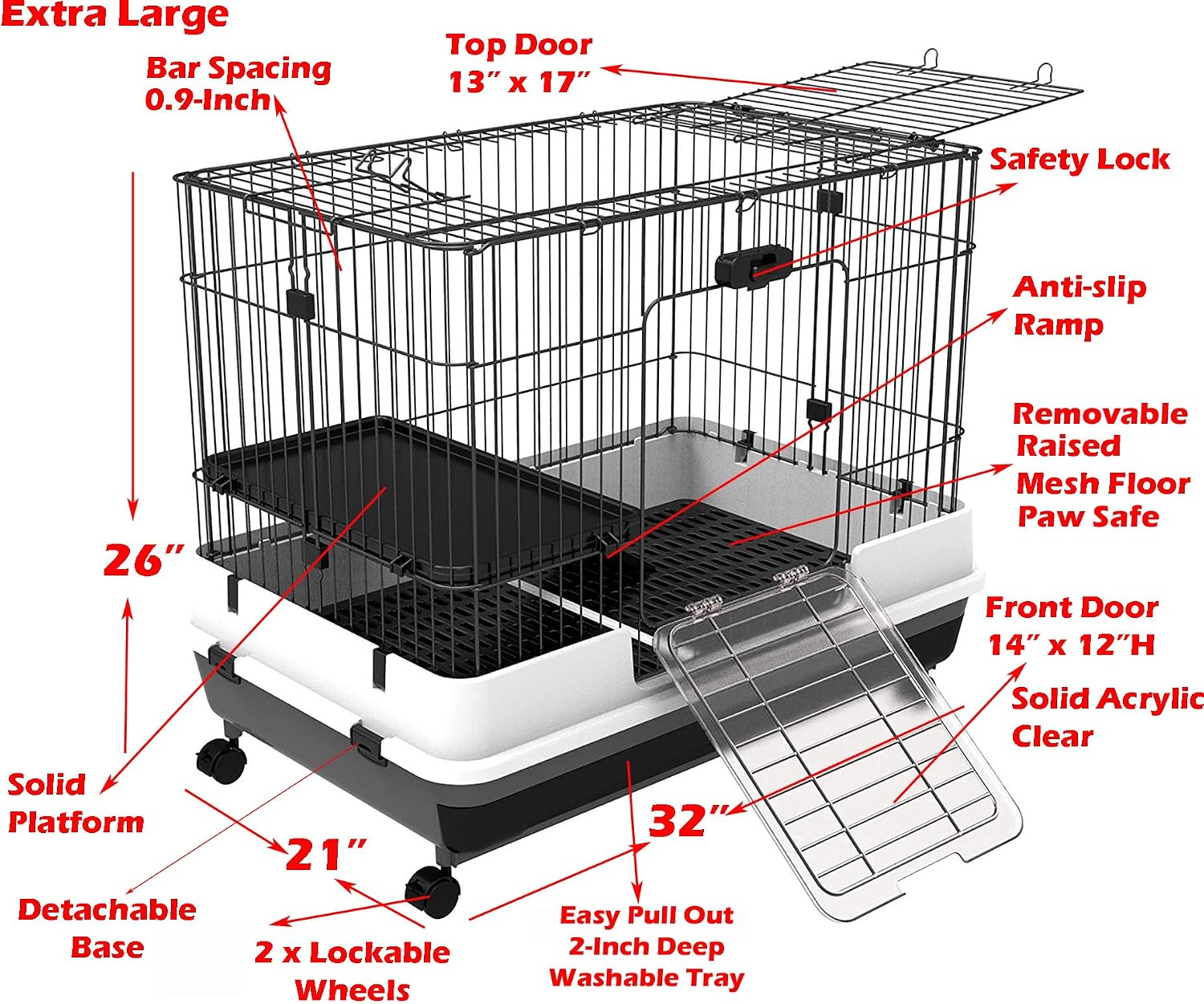 Mcage Extra Large Cage for Guinea Pig, Black, 32"L x 21"W x 28"H, Roomy, Easy to Clean, Anti-slip Step Ramp, Safety Lockable Casters, No Tools Needed