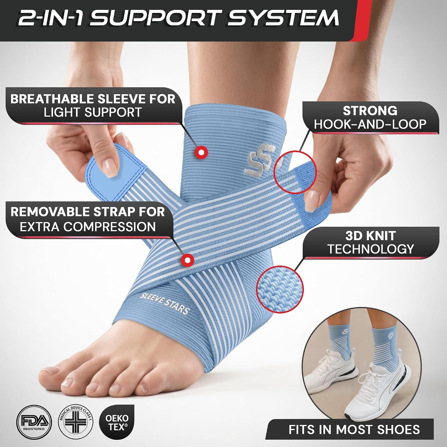 Sleeve Stars Ankle Brace for Women & Men, Ankle Wrap for Sprain, Compression Sleeve for Plantar Fasciitis Relief, Easy Customizable Support: w/ Removable Strap (Single/M:10"-12"/Black)