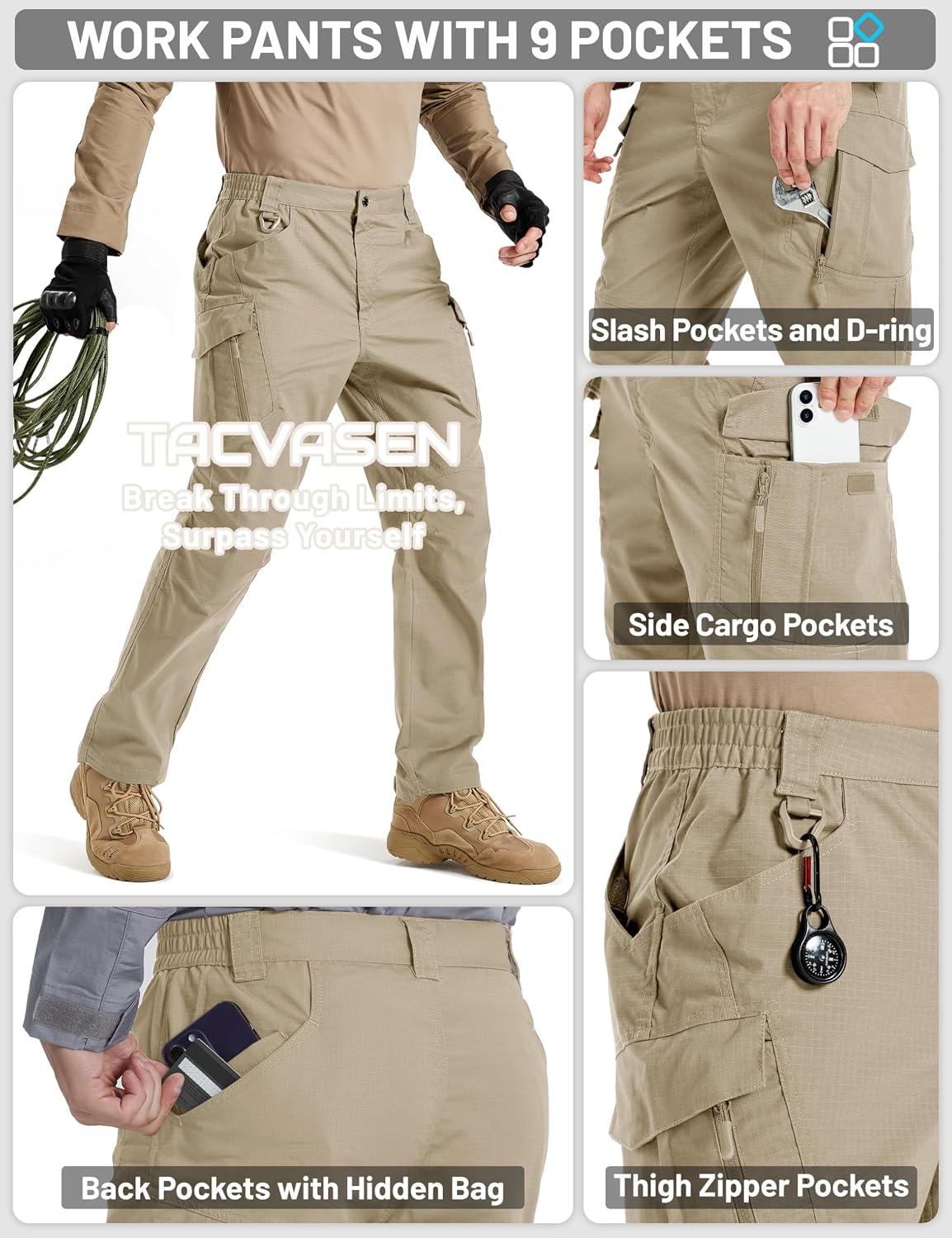TACVASEN Men's Tactical Pants Waterproof Hiking Work Pants for Men Construction Stretch Cargo Trousers 9 Pockets