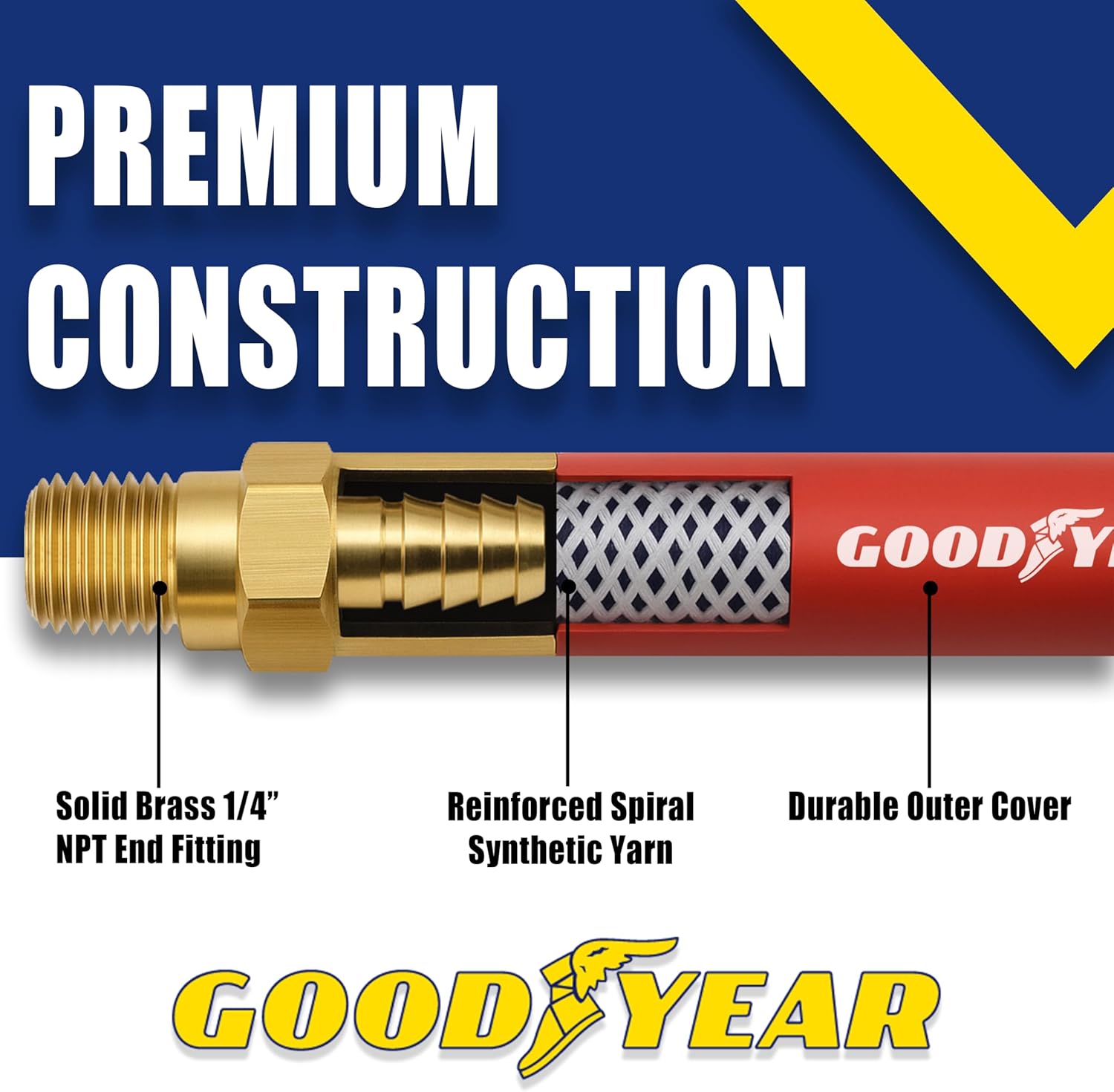 Continental 50' x 3/8" Red Rubber Air Hose - Working Pressure: 250 PSI - Burst Pressure: 1070 PSI - 100% Brass 1/4" NPT Fittings - Made in USA