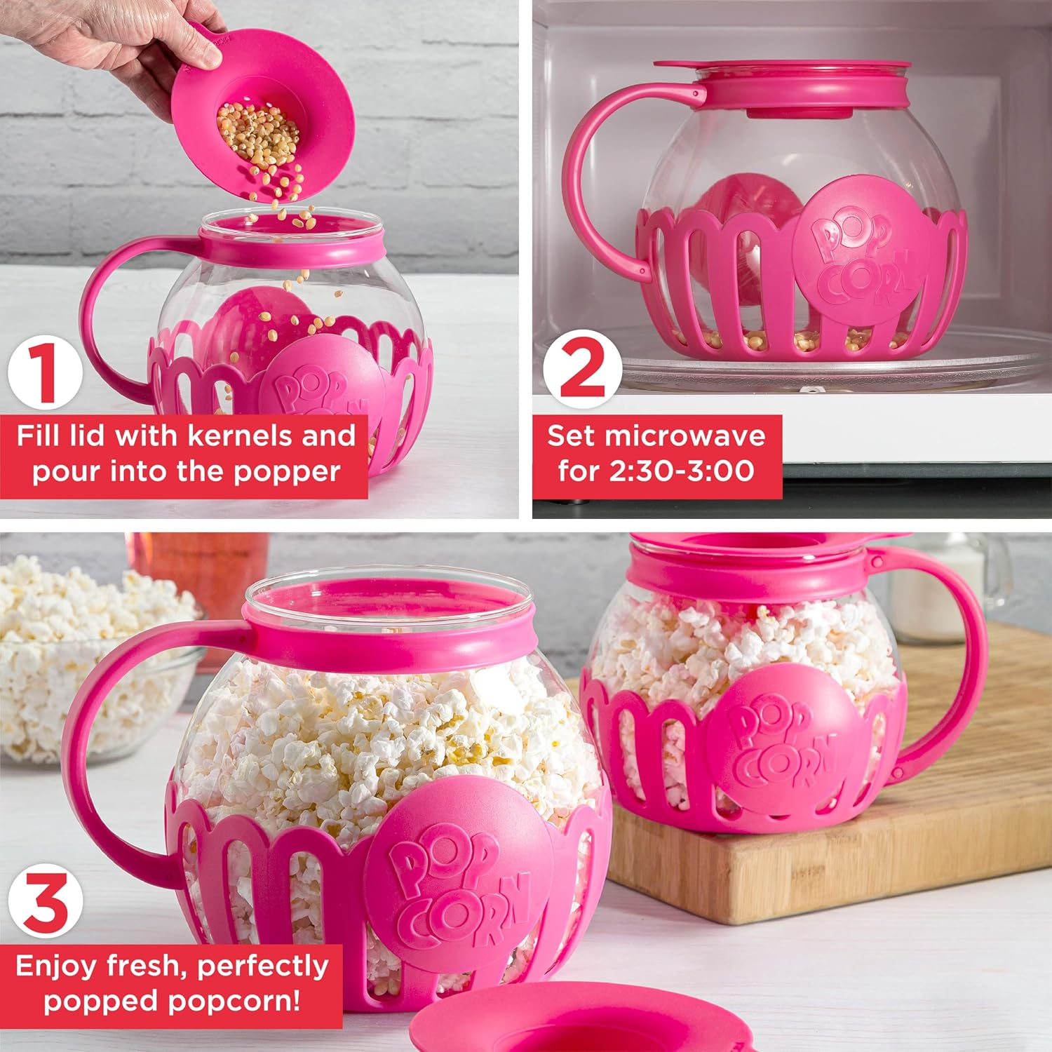 Ecolution Patented Micro-Pop Microwave Popcorn Popper with Temperature Safe Glass, 3-in-1 Lid Measures Kernels and Melts Butter, Made Without BPA, Dishwasher Safe, 3-Quart, Red
