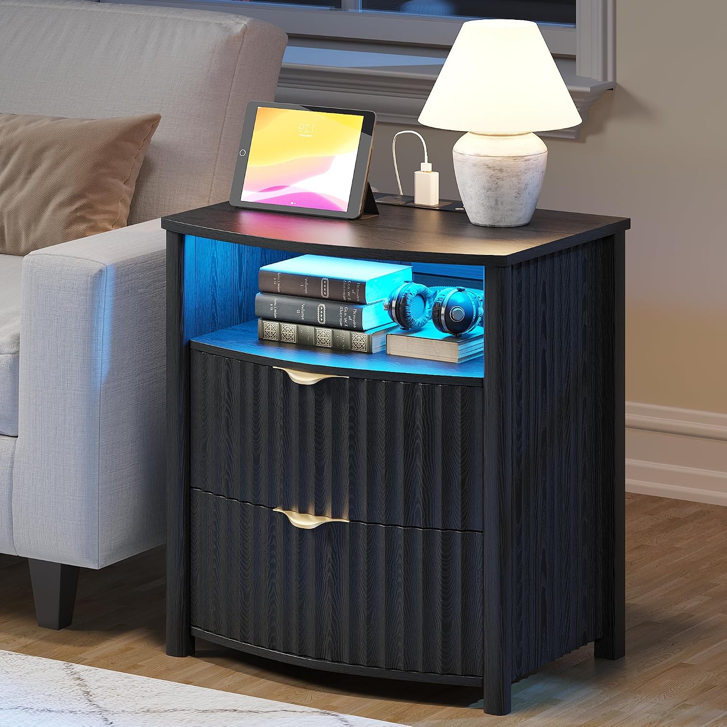Dystler Fluted LED Night Stand with Hidden Gun Drawer & Charging | 19.7" W Curved Smart Bedside Table, 3-Color LED lights, 2 Drawers, Nightstand with Card-Lock, End Table for Bedroom, Walnut