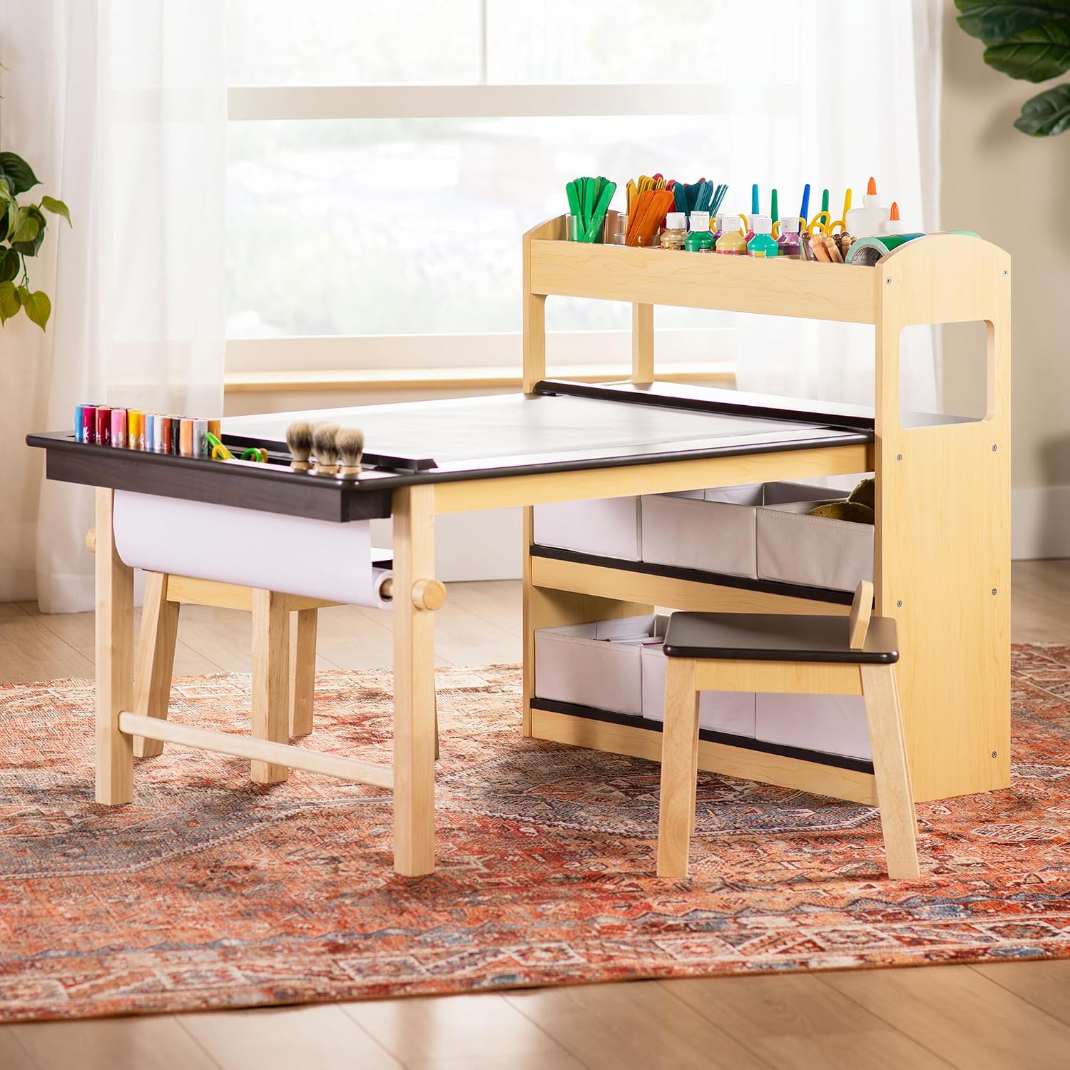 Guidecraft Deluxe Art Center: Kids' Montessori Art Table and Chairs Set with Storage Shelves, 6 Fabric Bins