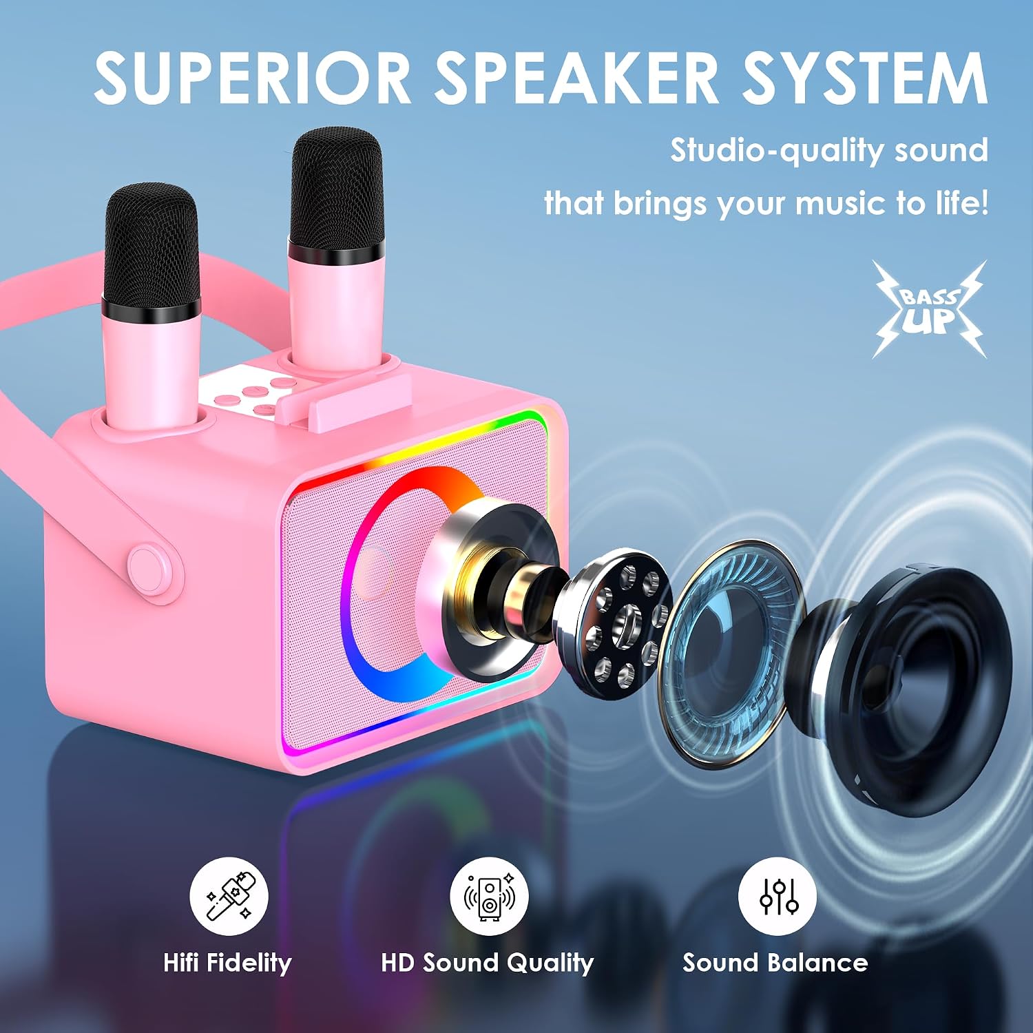 Karaoke Machine for Kids Adults,Portable Bluetooth Speaker with 2 Wireless Microphone with LED Lights, Karaoke Microphone with PA System Supports USB/TF/AUX,Gift for Party (Black)