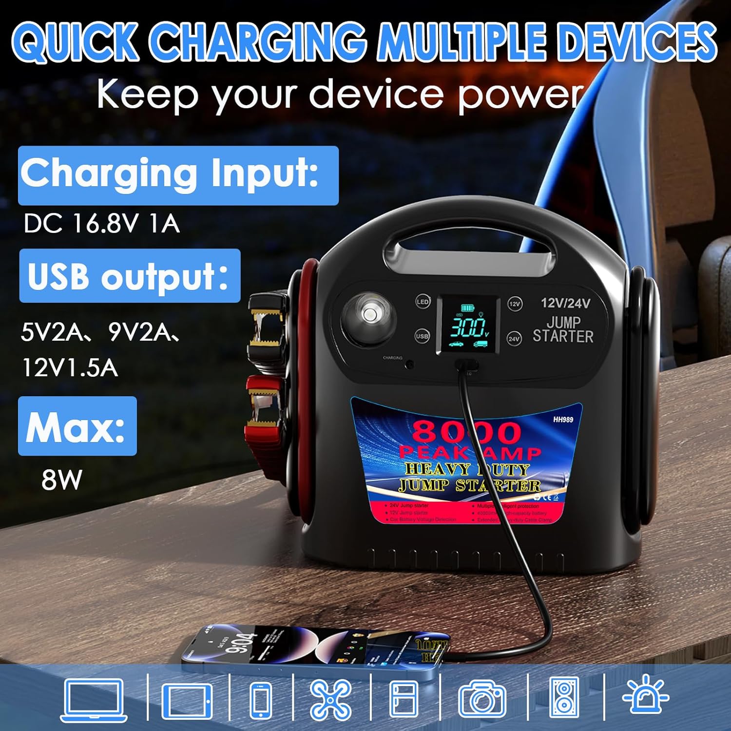 8000A 12V/24V Jump Starter for Large Gas & Diesel Engines, Heavy-Duty Portable Battery Booster Pack for Trucks