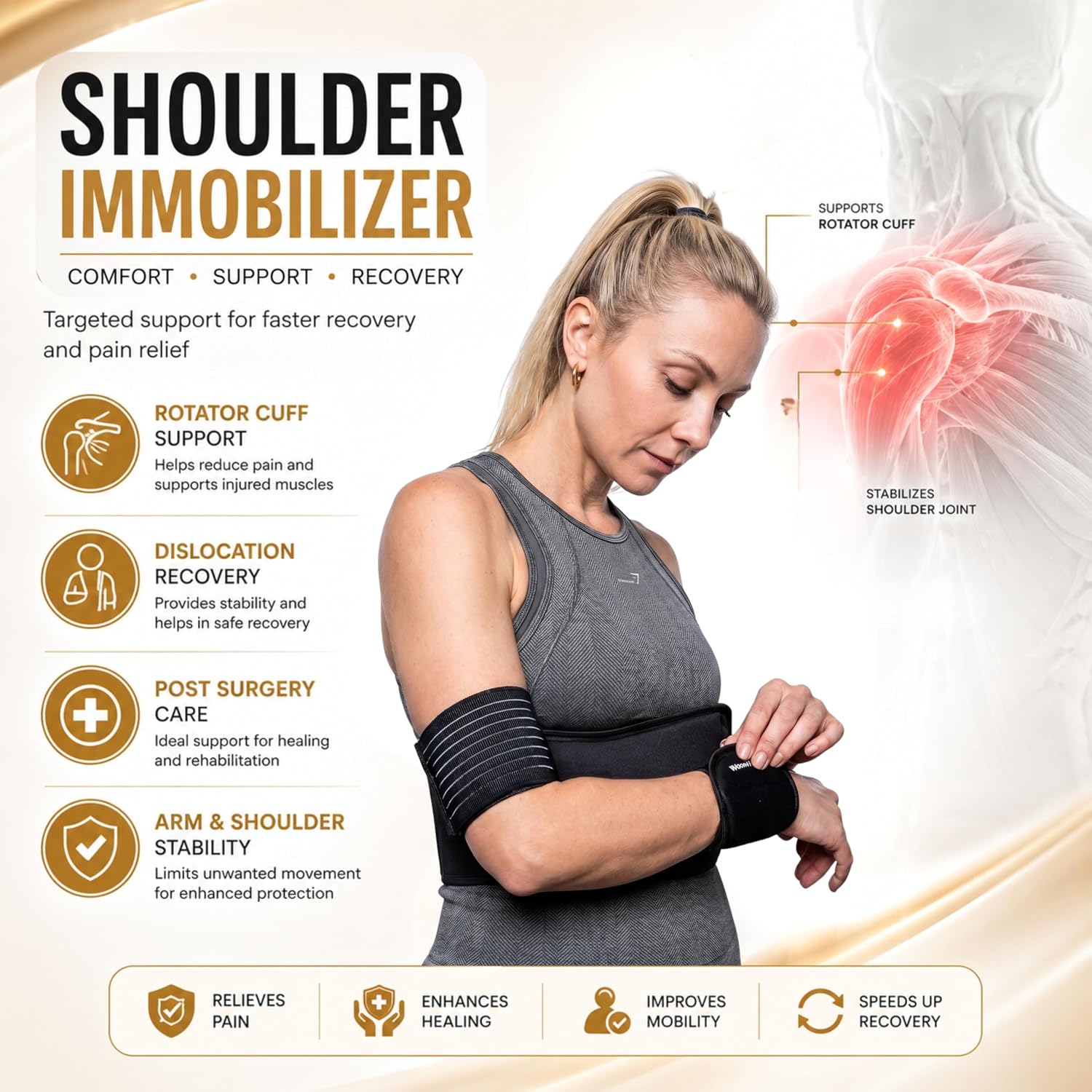 Wonder Care-Left Right Shoulder Immobilizer Arm Sling Elastic Brace for Clavicle Collar Bone Dislocation Subluxation Shoulder stabilizer Compression Brace After Rotator Cuff Surgery - Black-Size 4
