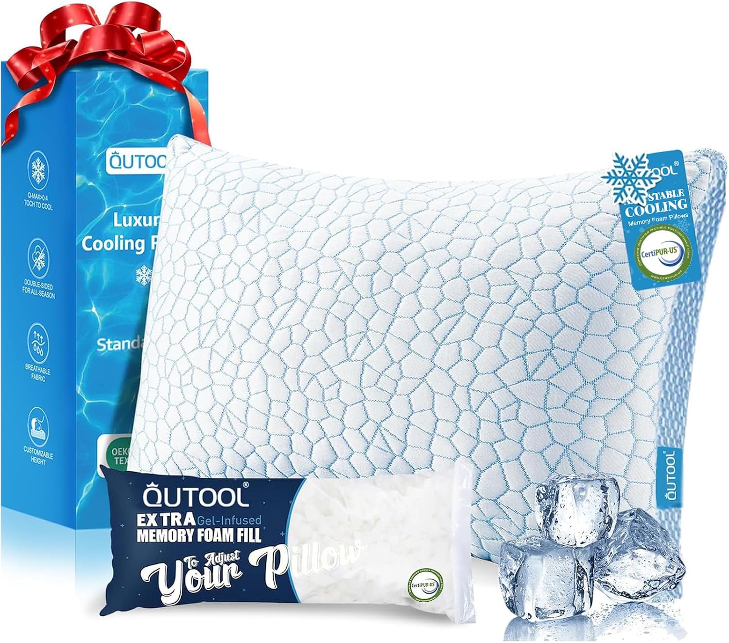 QUTOOL Cooling Pillow for Sleeping, CertiPUR-US Shredded Memory Foam Queen Pillows Set of 2, Cool Pillow for Hot Sleepers Adjustable Firm Pillow for Side, Back, Stomach Sleepers Soft Yet Support,White