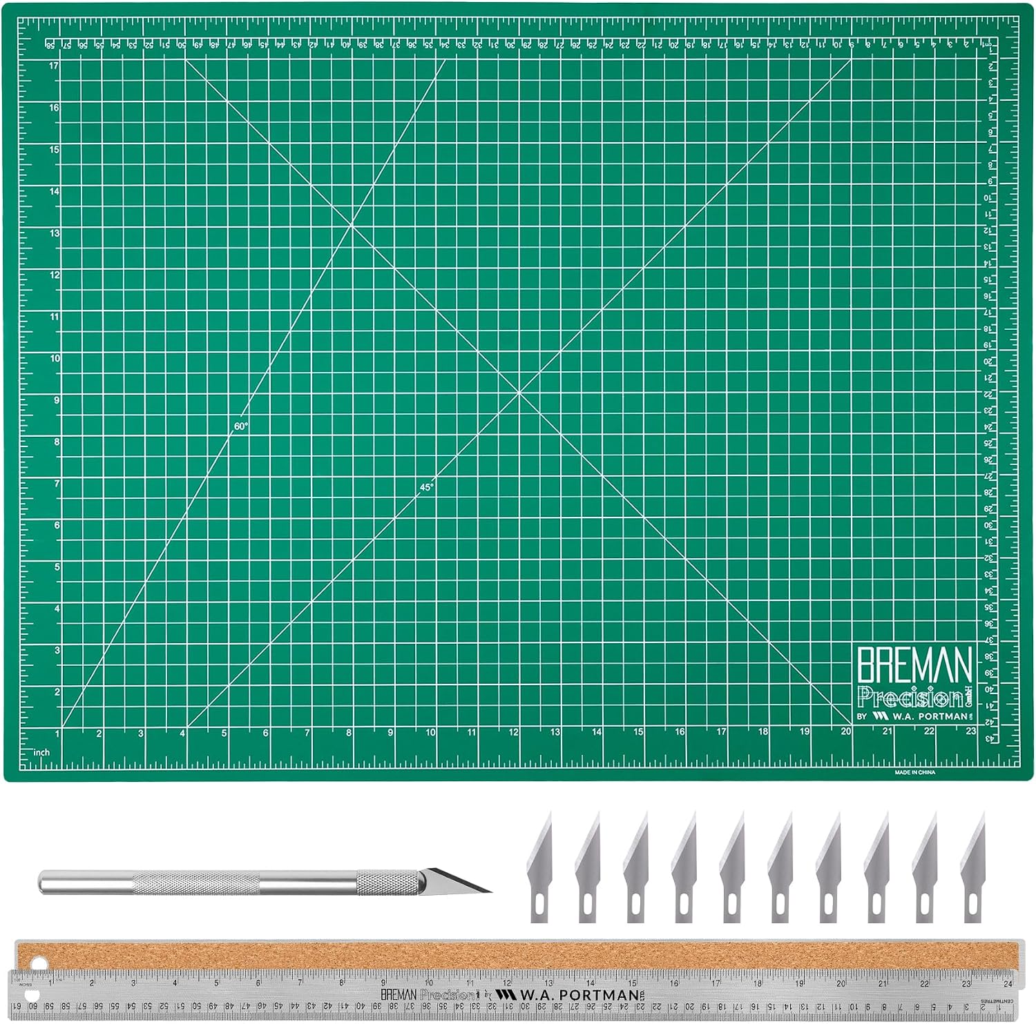 WA Portman Self-Healing Cutting Mat, Crafting Knife, 36'' Metal Ruler Set | This set includes 24x36 Inch Sewing Cutting Mat, 10pc #11 Blades, Exacto Knife Set, & 36 Inch Cork Backed Metal Ruler Set