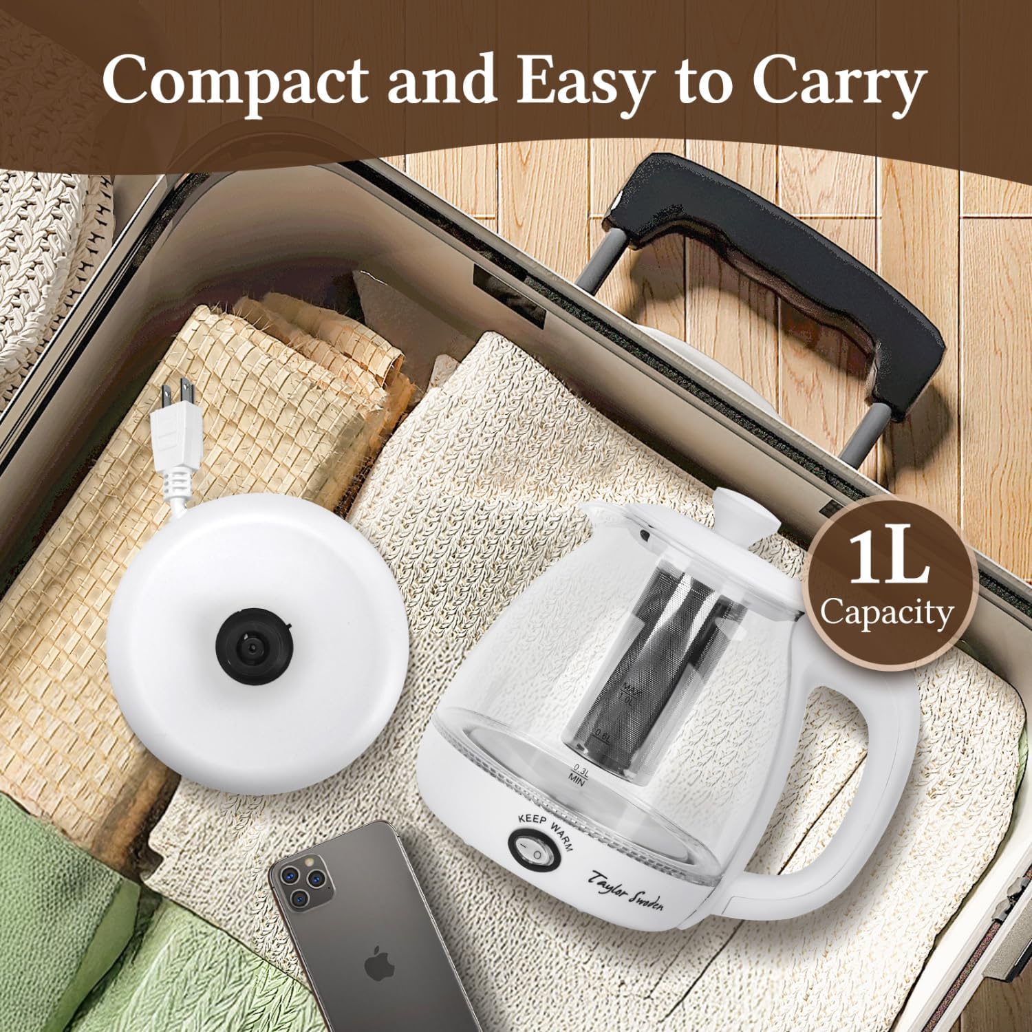 Taylor Swoden Electric Kettle with Tea Infuser, 1L Small Electric Tea Kettle with Keep Warm, LED Light Hot Water Boiler & Heater for Coffee & Teas