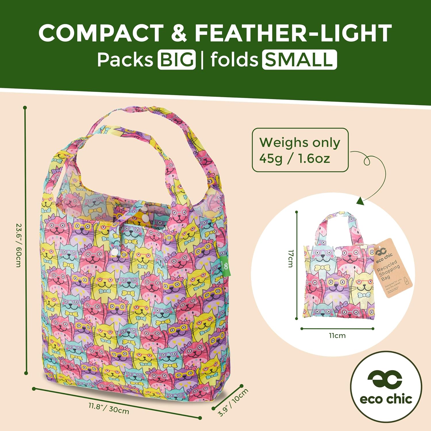 ECO CHIC Foldable Reusable Grocery Bags - Lightweight, Recycled & Reusable Shopping Bag - Waterproof Packable Tote