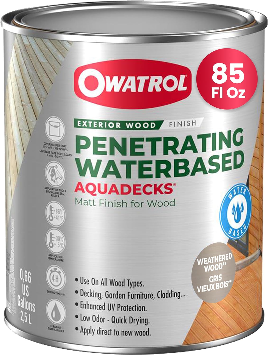 OWATROL Aquadecks, Wood Stain and Sealer, Matt Finish, 85 Oz, Teak | Protects Wood from UV & Moisture, Wood Stain & Sealer for Decks, Fences & Furniture, Water-Based, Won't Peel or Flake, Matt
