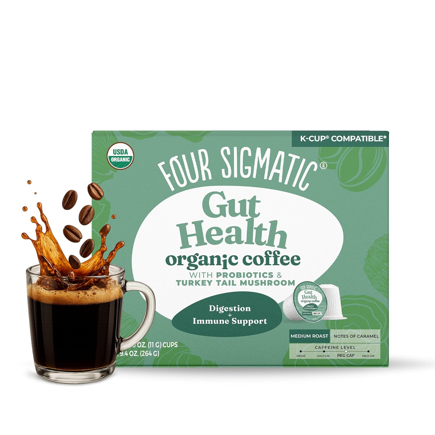 Four Sigmatic Mushroom Coffee K-Cups | Organic Dark Roast Coffee with Lion’s Mane Mushroom Powder & Yacon | Focus & Immune Support | Vegan & Keto
