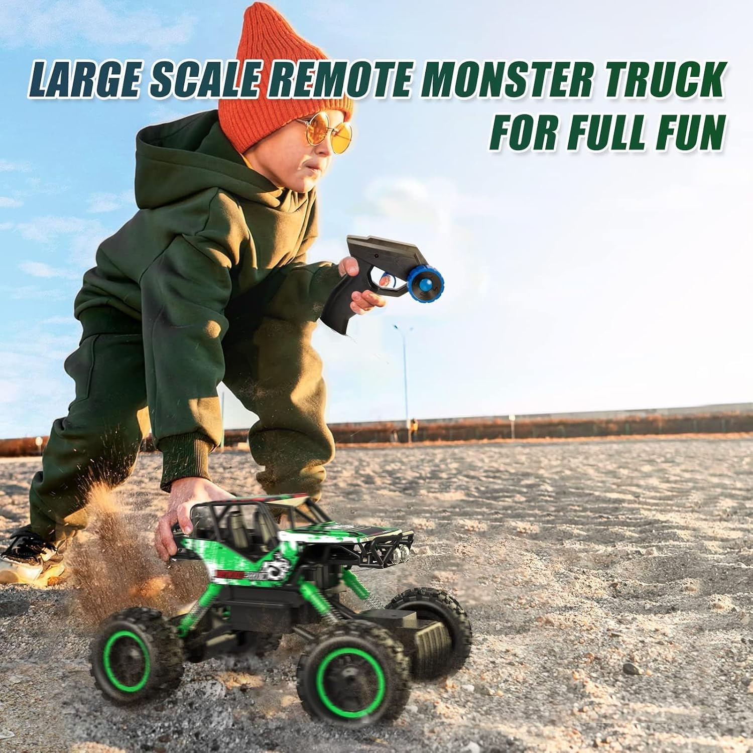 DOUBLE E 1:14 Scale Large Remote Control Car Monster Trucks with Head Lights, 4WD Off-Road All Terrain RC Car