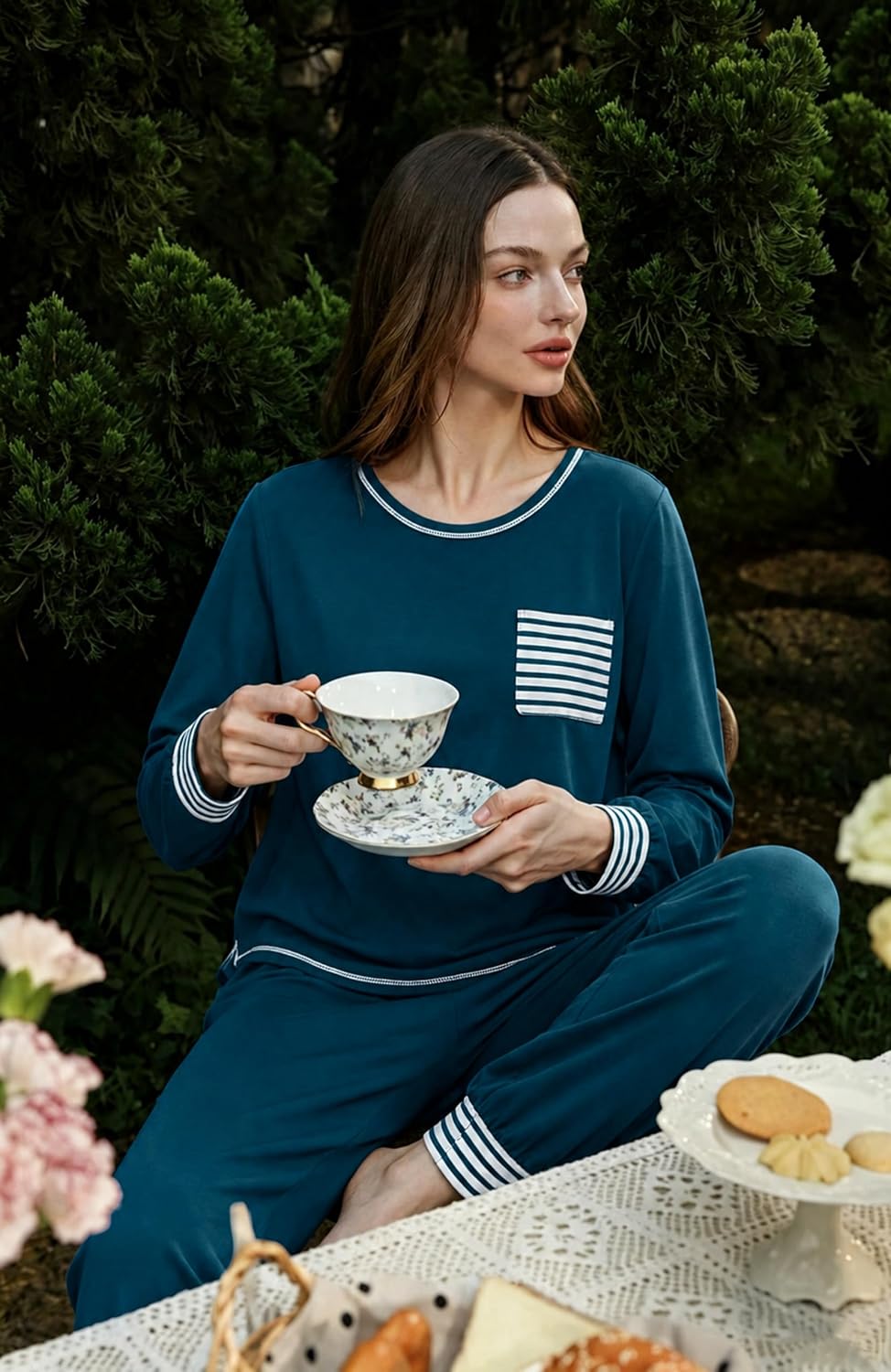 SWOMOG Women’s Pajamas Set Long Sleeve Sleepwear with Long Pants Soft Modal Loungewear Pj Set