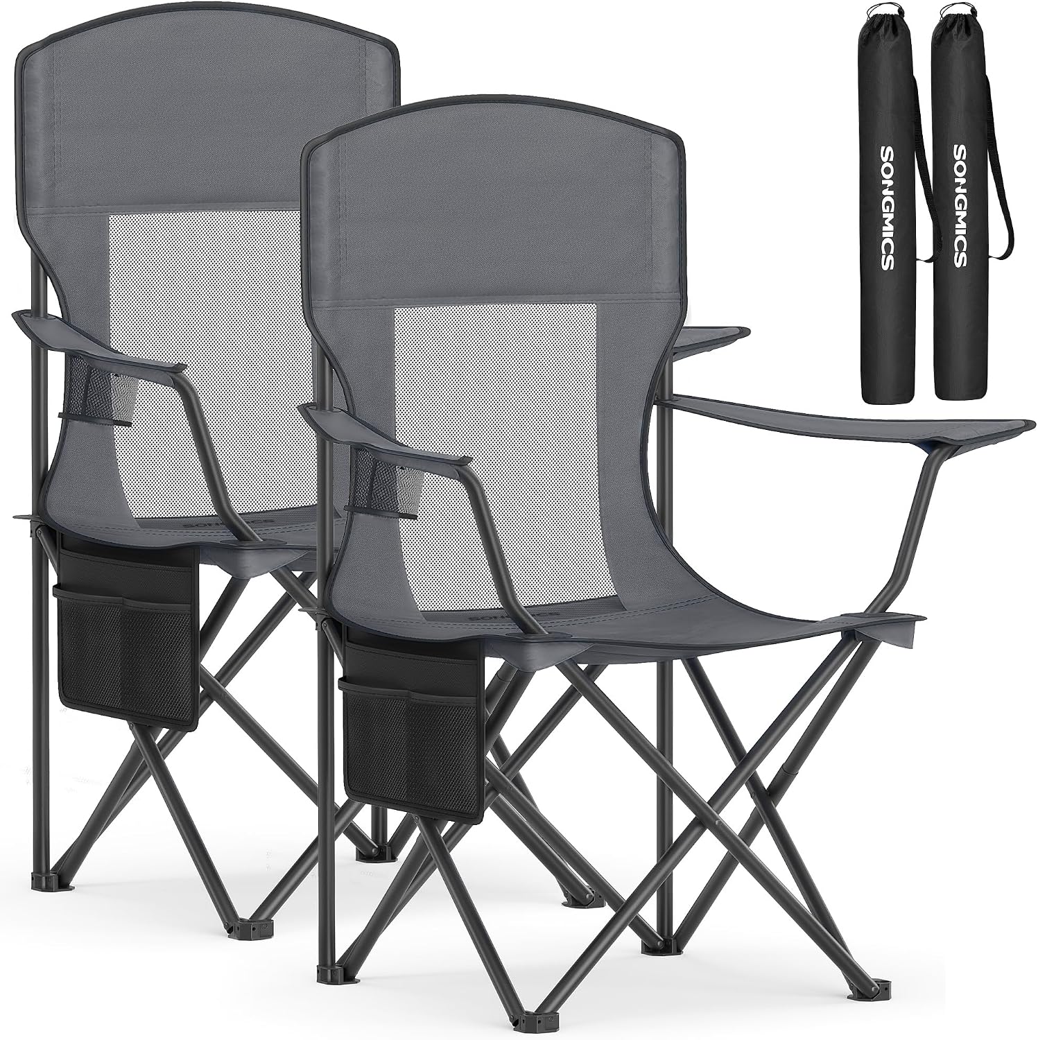 SONGMICS Camping Chair, Folding Oversized Chair, Comfortable and Heavy-Duty, 352 lb Weight Capacity, Adjustable Armrests with Cooler Bag, Storage Bag, Breathable Mesh, Bijou Blue UGCB060Q01