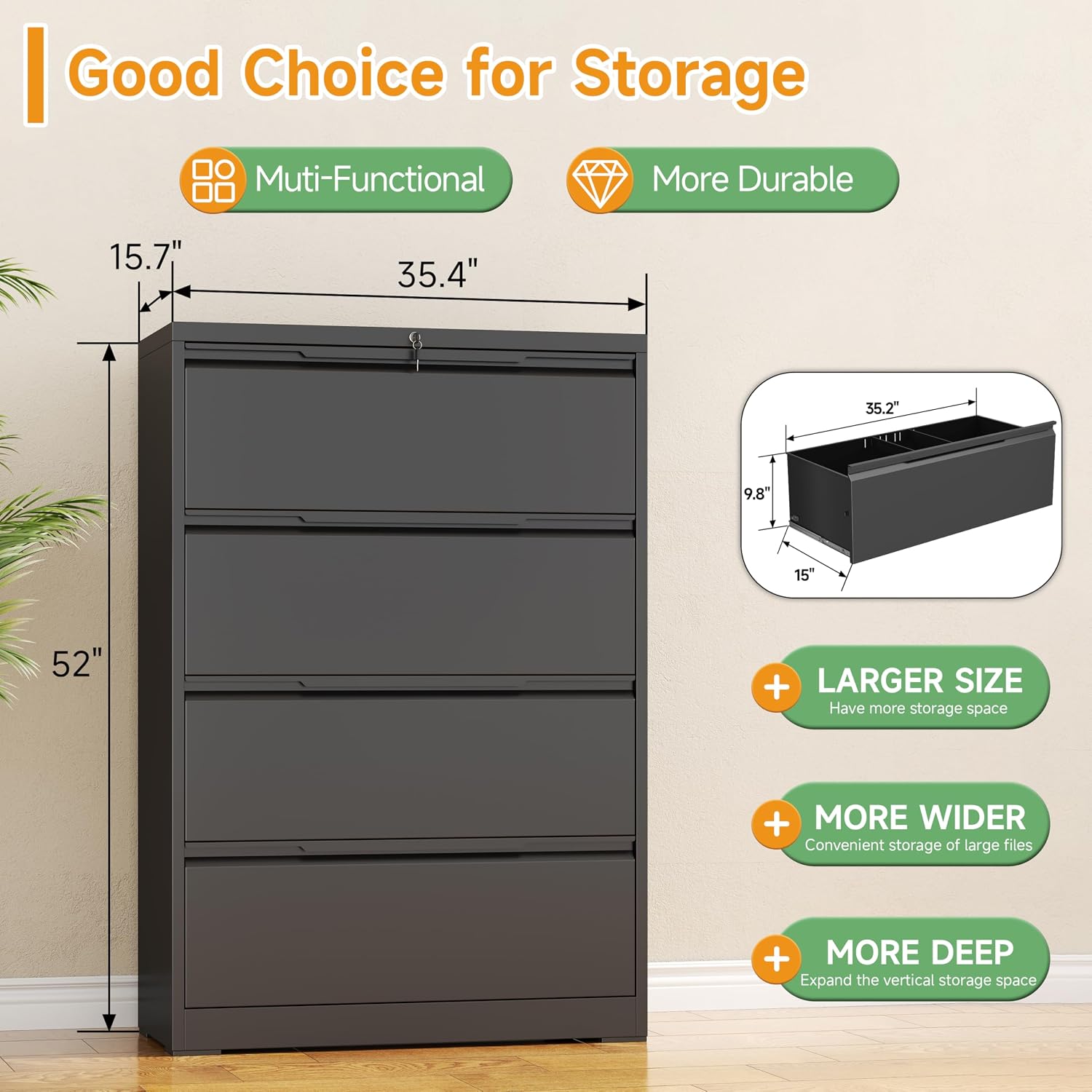 3 Drawer File Cabinet with Lock,Filing Cabinets for Home Office,Metal Small File Cabinet for Letters/Legal/A4 Size, Assembly Required,Black 3 Drawer-15 W