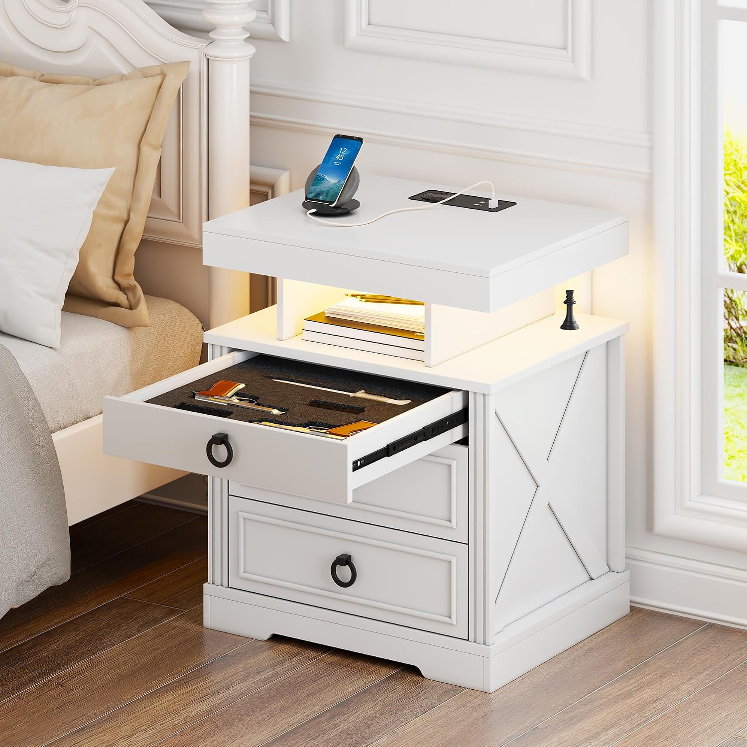 Lockable Night Stand with Gun Drawer,Charging Station,LED Lights,White | LED Nightstand with Charging Station,Farmhouse Bedside Table with 3-Color Light,End Table with 3 Drawers,Bedroom