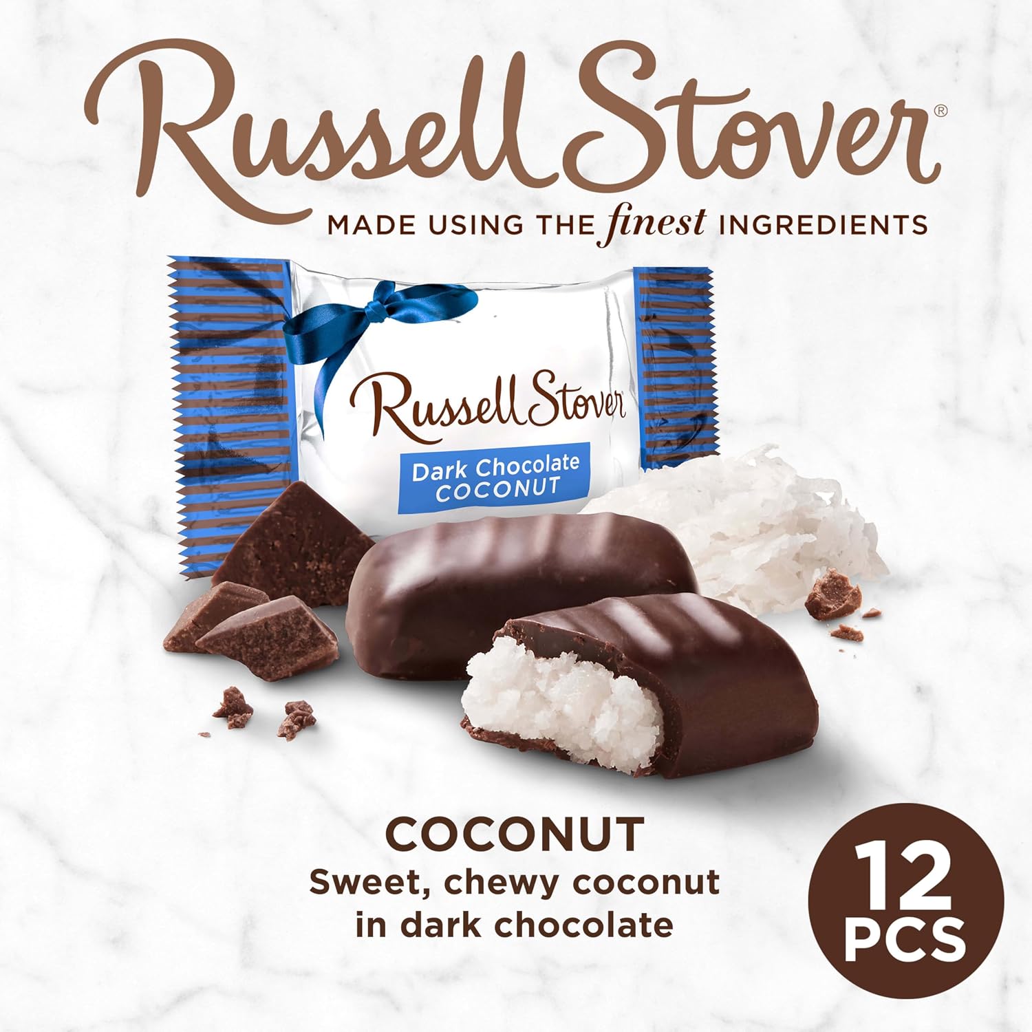 Russell Stover Dark Chocolate Coconut Mini Gusset Bag 6 Ounce Russell Stover Chocolate Coconut Chocolate Candy Bag; Sweet Coconut Covered in Rich Chocolate Candy, Individually Wrapped