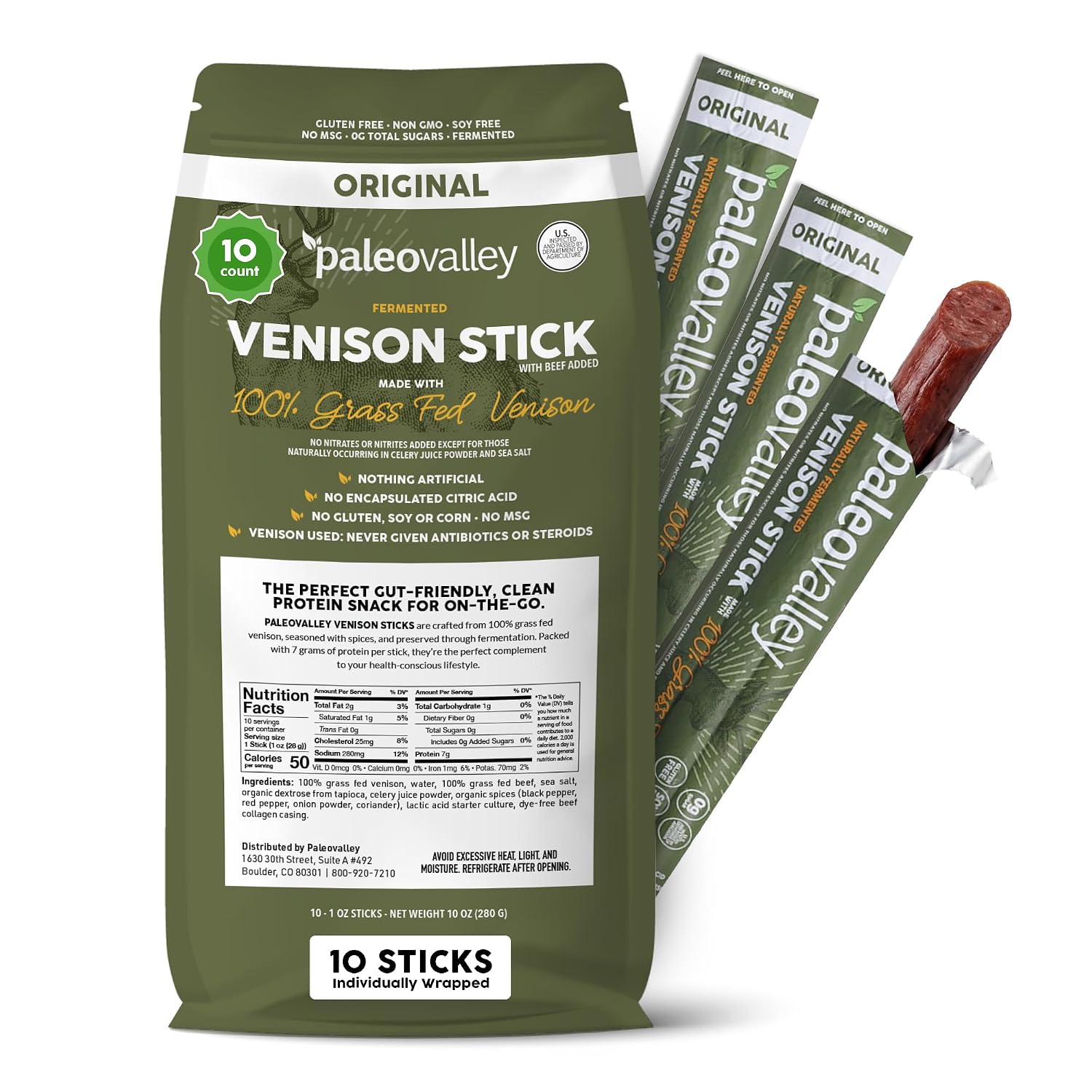 Paleovalley 100% Grass Fed Beef Sticks, Protein Snacks, Original | 10 Count, Individually Wrapped, Naturally Fermented, Gluten Free, Keto and Paleo, Made With Simple Ingredients, 6g Protein