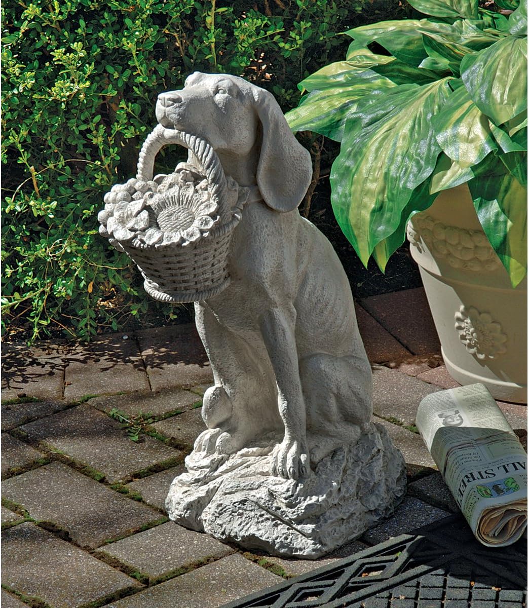 Design Toscano Man's Best Friend Dog with Basket Outdoor Garden Statue, 8 Inches Wide, 12 Inches Deep, 19 Inches High, Handcast Polyresin, Antique Stone Finish