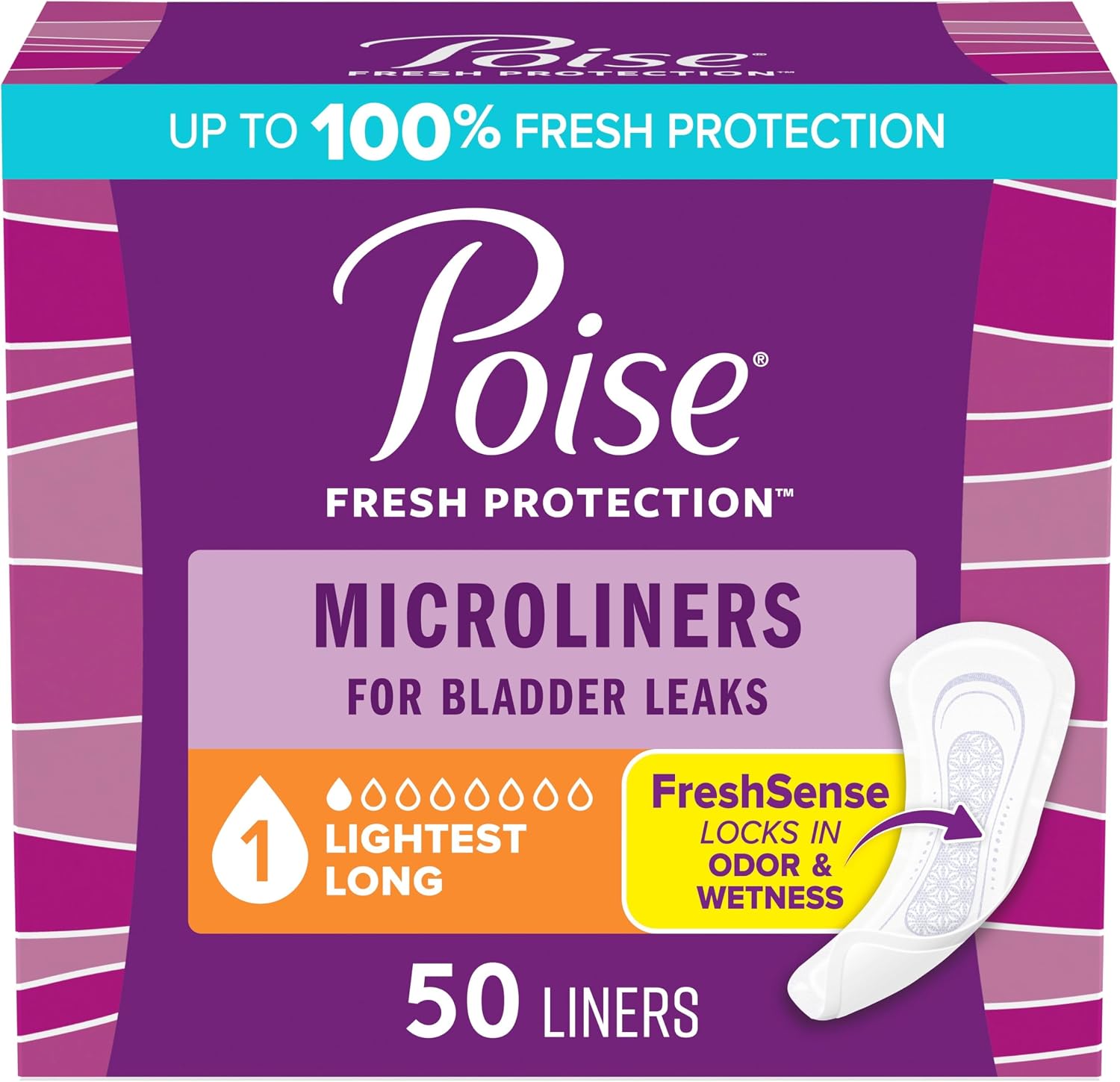 Poise Daily Liners, Incontinence Panty Liners for Bladder Leaks, 2 Drop Very Light Absorbency, Long Length, 264 Count of Pantiliners (6 Packs of 44), Packaging May Vary