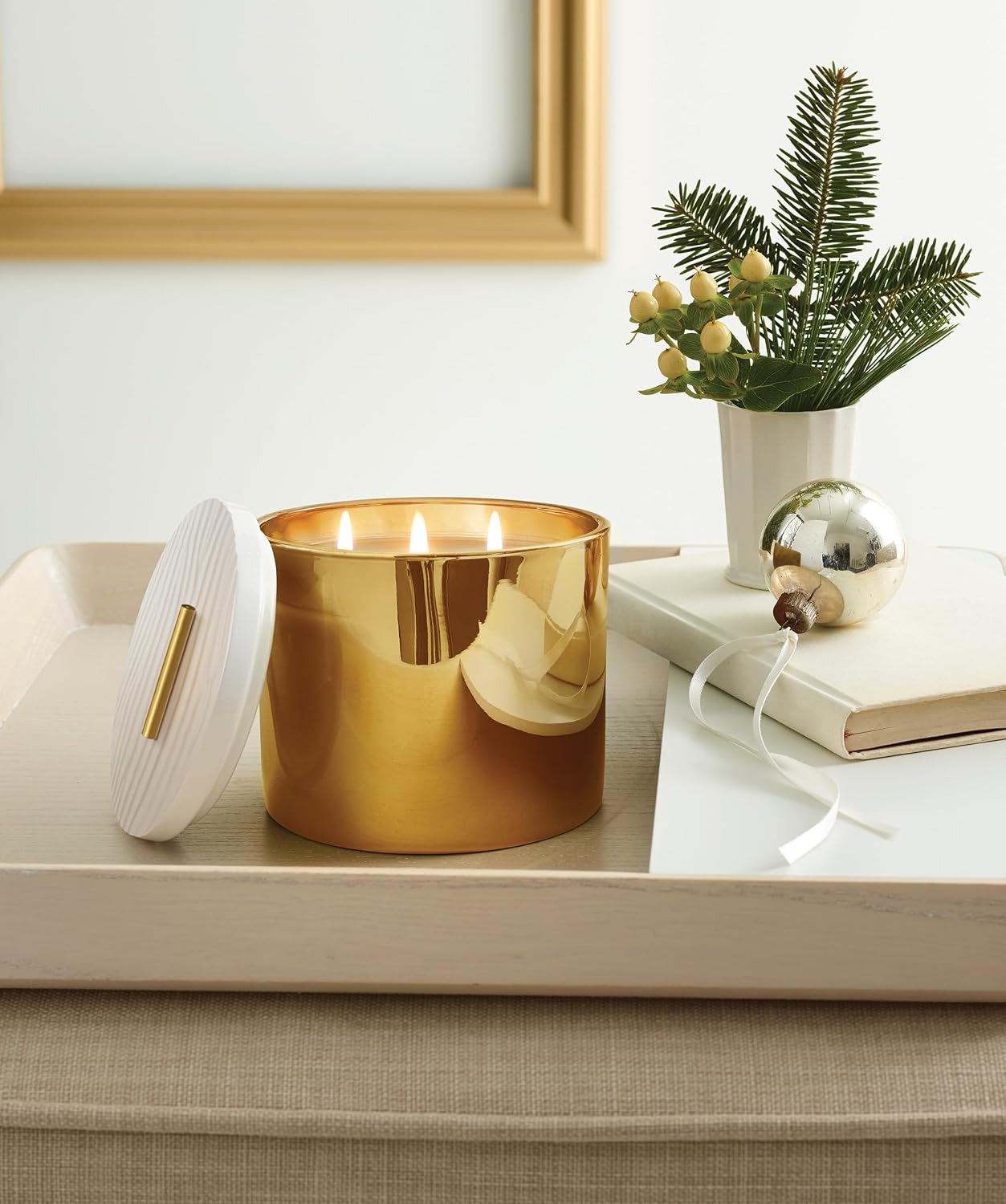 Thymes Frasier Fir Gilded Gold 3-Wick Candle - Scented Candle with a Crisp Just-Cut Forest Fragrance - Luxury Home Fragrance - Elegant Holiday